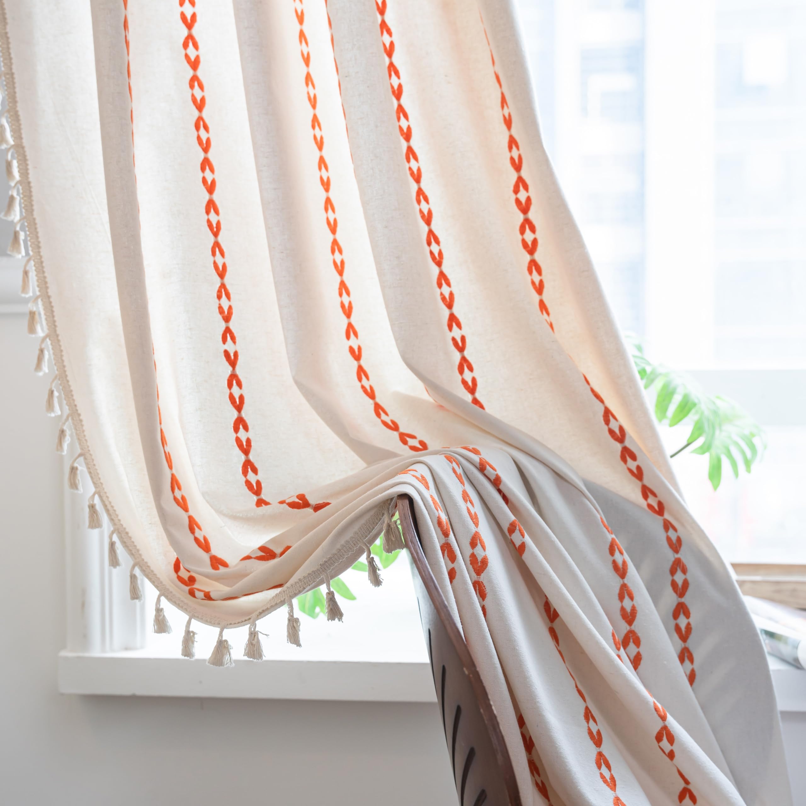 Sutuo Home Boho Curtains 96 Inches For Bedroom Living Room, Semi Blackout Embroidery Window Bohemian Tassels Drape For Halloween