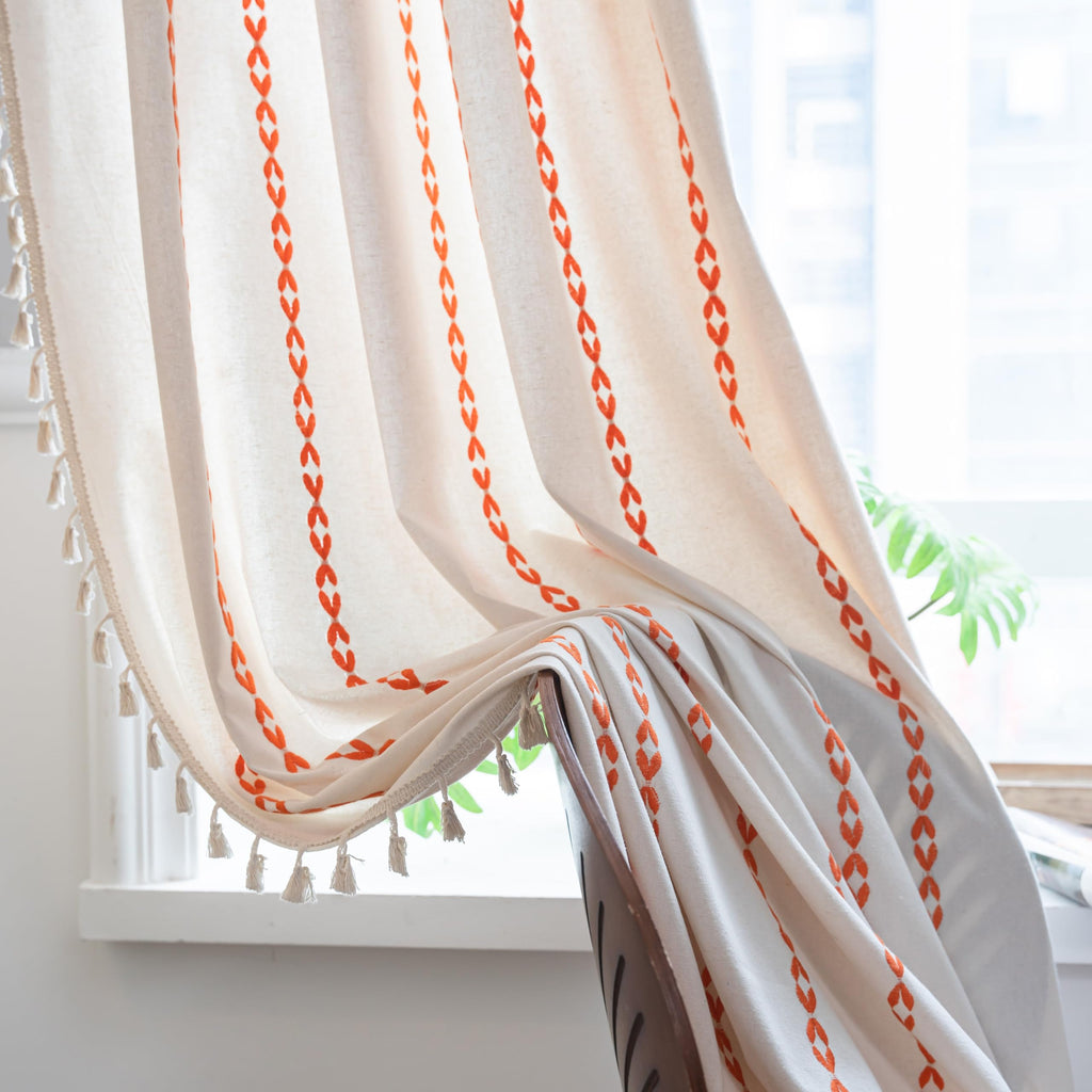 Sutuo Home Boho Curtains 84 Inches For Bedroom Living Room, Semi Blackout Embroidery Window Bohemian Tassels Drape For Fall Hall