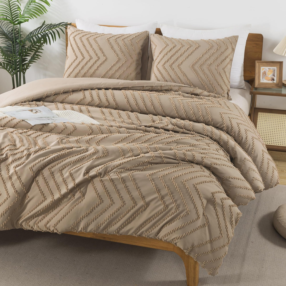 Andency Taupe Comforter Set King Size, Boho Soft Warm Tufted Bedding Comforter Sets For King Size Bed, 3 Pieces Aesthetic Chevro