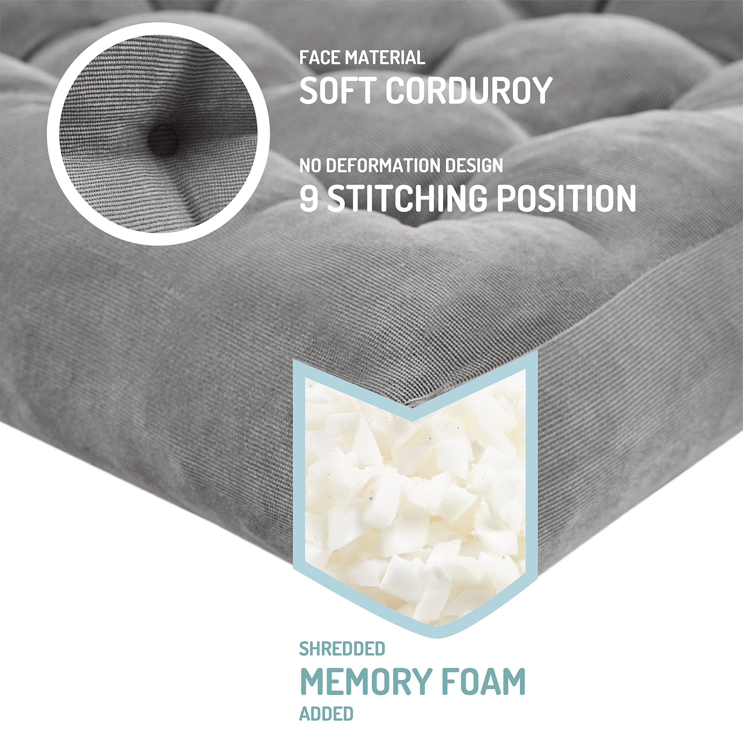 Degrees Of Comfort Meditation Floor Pillow, Square Large Pillows Seating For Adults, Gray Tufted Corduroy Cushions For Outdoor Yoga Tatami Fireplace Living Room, Grey, 22X22 Inch