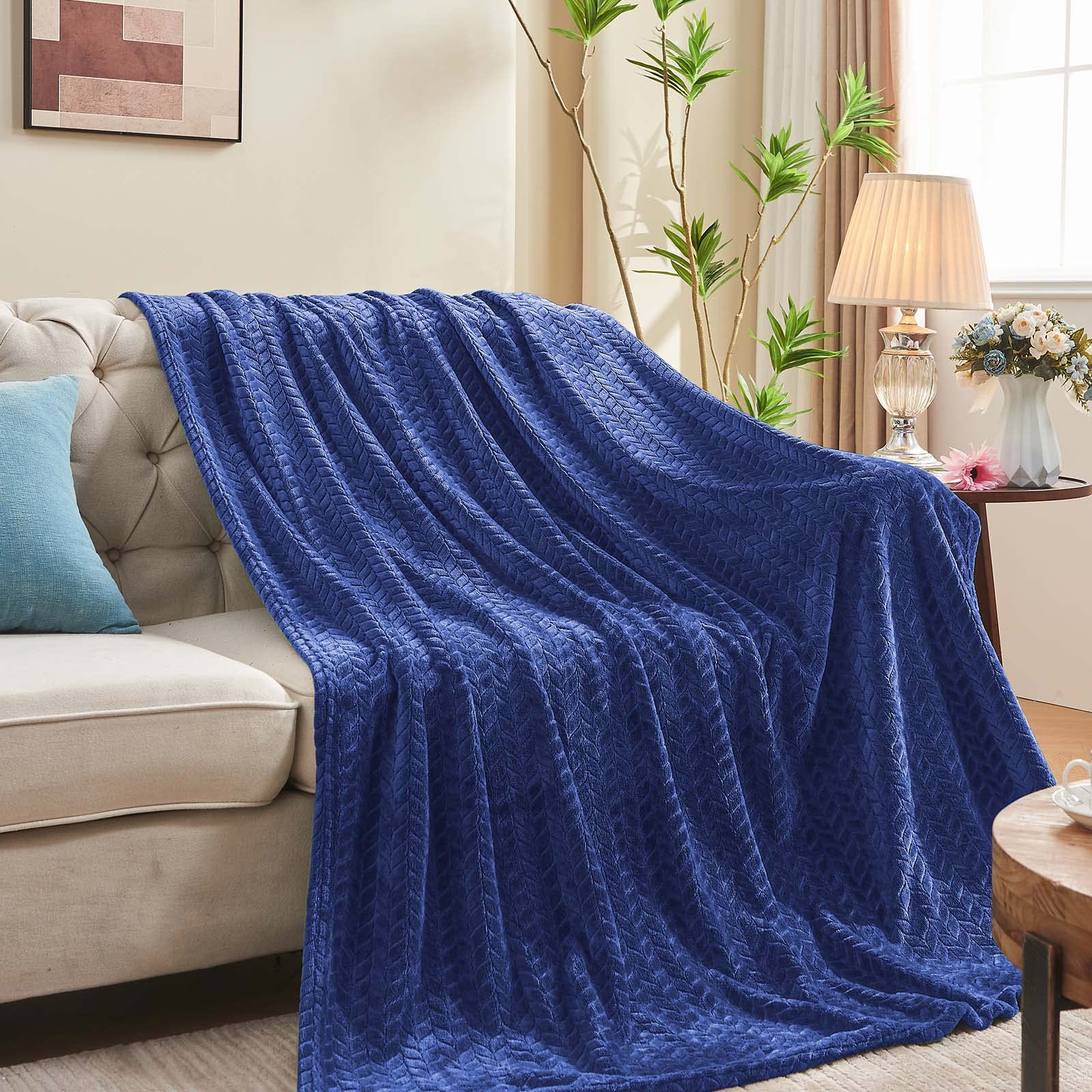 Inhand Navy Fleece Twin Blanket, Super Soft Flannel Cozy Blankets For Adults, Lightweight Leaves Pattern Fuzzy Blanket For Couch