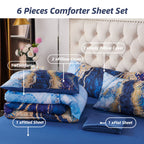 Perfemet 6 Pcs Bed-In-A-Bag Blue Watercolor Marble Printed Comforter Set With Matched Bed Sheets, Colorful Retro Artwork Style B