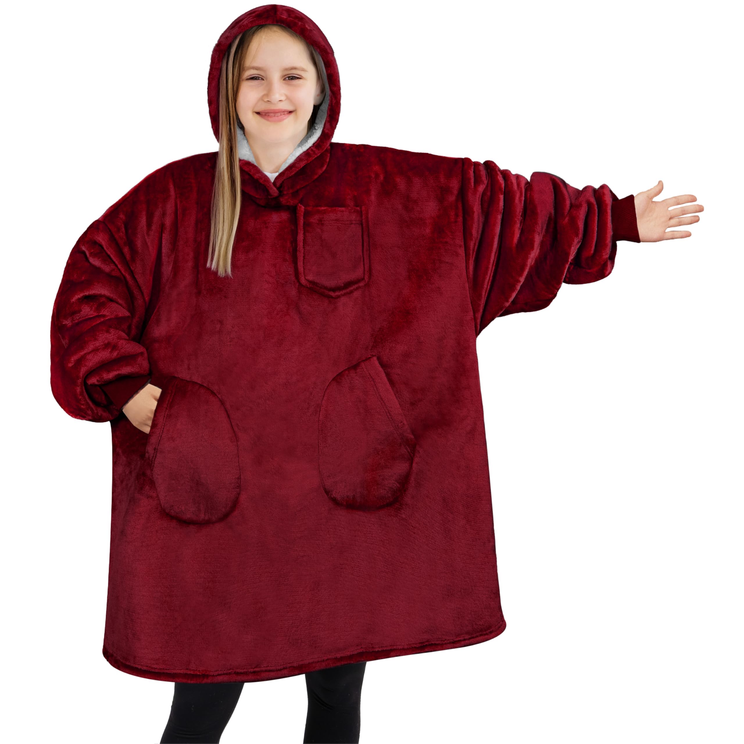 Pavilia Wearable Blanket Sweatshirt For Kids Boy Girl Wine Red Burgundy Maroon, Warm Cozy Giant Blanket Hoodie, Fleece Sherpa Ov