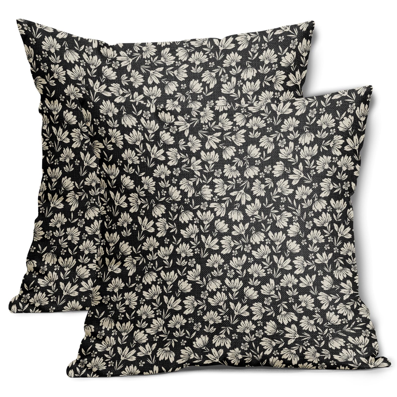 Black Brown Daisy Floral Block Print Pillow Covers 20X20 Inch Vintage Flowers Decorative Square Pillow Cases Set of 2 Farmhouse 