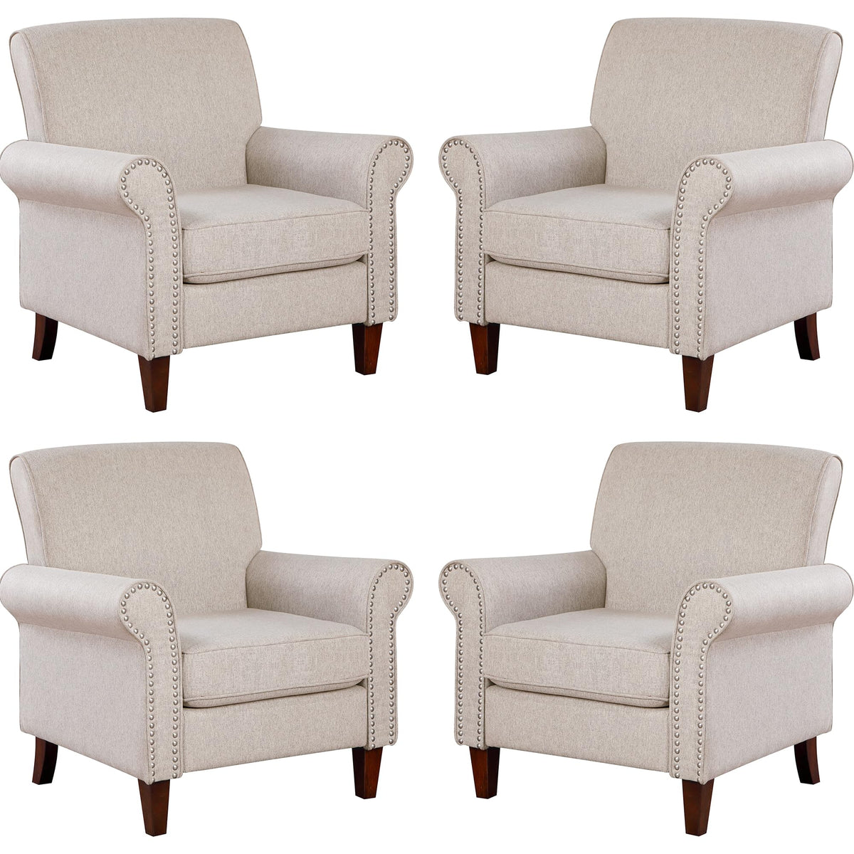 Prilinex Upholstered Living Room Chair Set Of 4 - Large Comfy Fabric Accent Chair Single Sofa With Cushion, Rolled Armrest & Nai