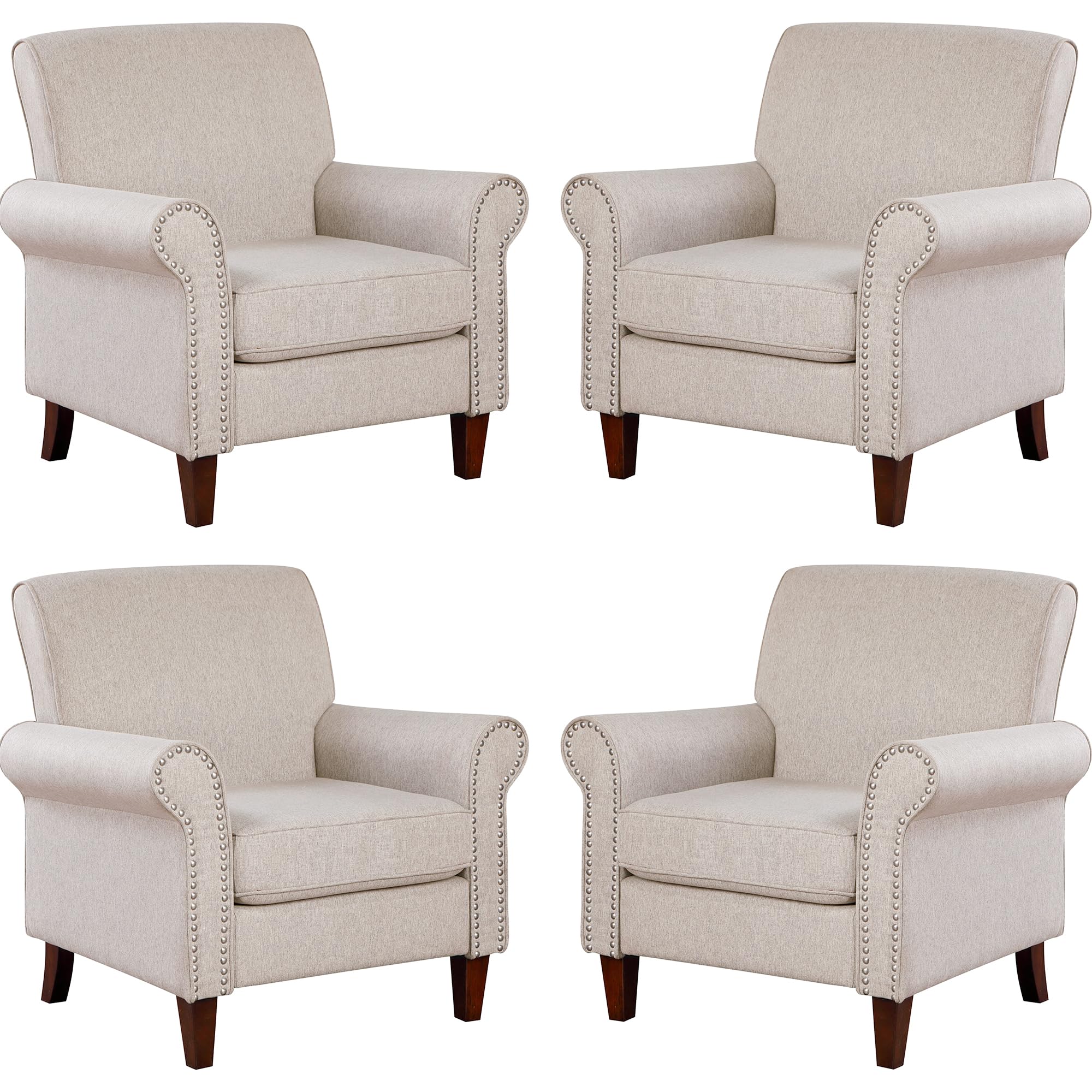 Prilinex Upholstered Living Room Chair Set Of 4 - Large Comfy Fabric Accent Chair Single Sofa With Cushion, Rolled Armrest & Nai