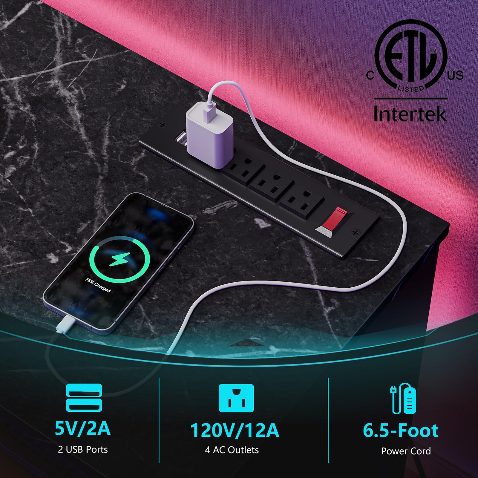 Bestier Tv Stand For 70 Inch Tv With Power Outlets, Led Entertainment Center For Ps5, Gaming Tv Consoles With Glass Shelves For Living Room, 63'' Inch, Black Marble