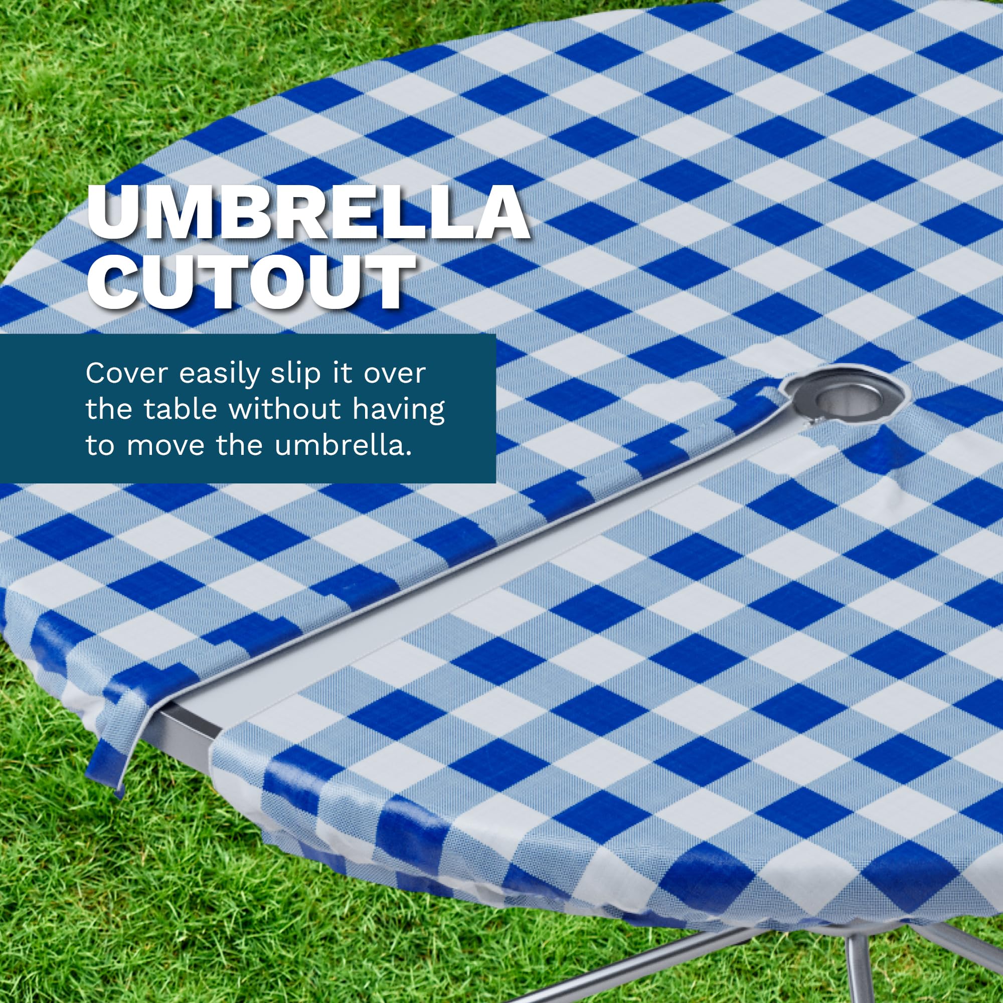 Sorfey Vinyl Umbrella Round Fitted Tablecloth Cover, Checkered Design, Flannel Backed Lining 60 Inch, Black