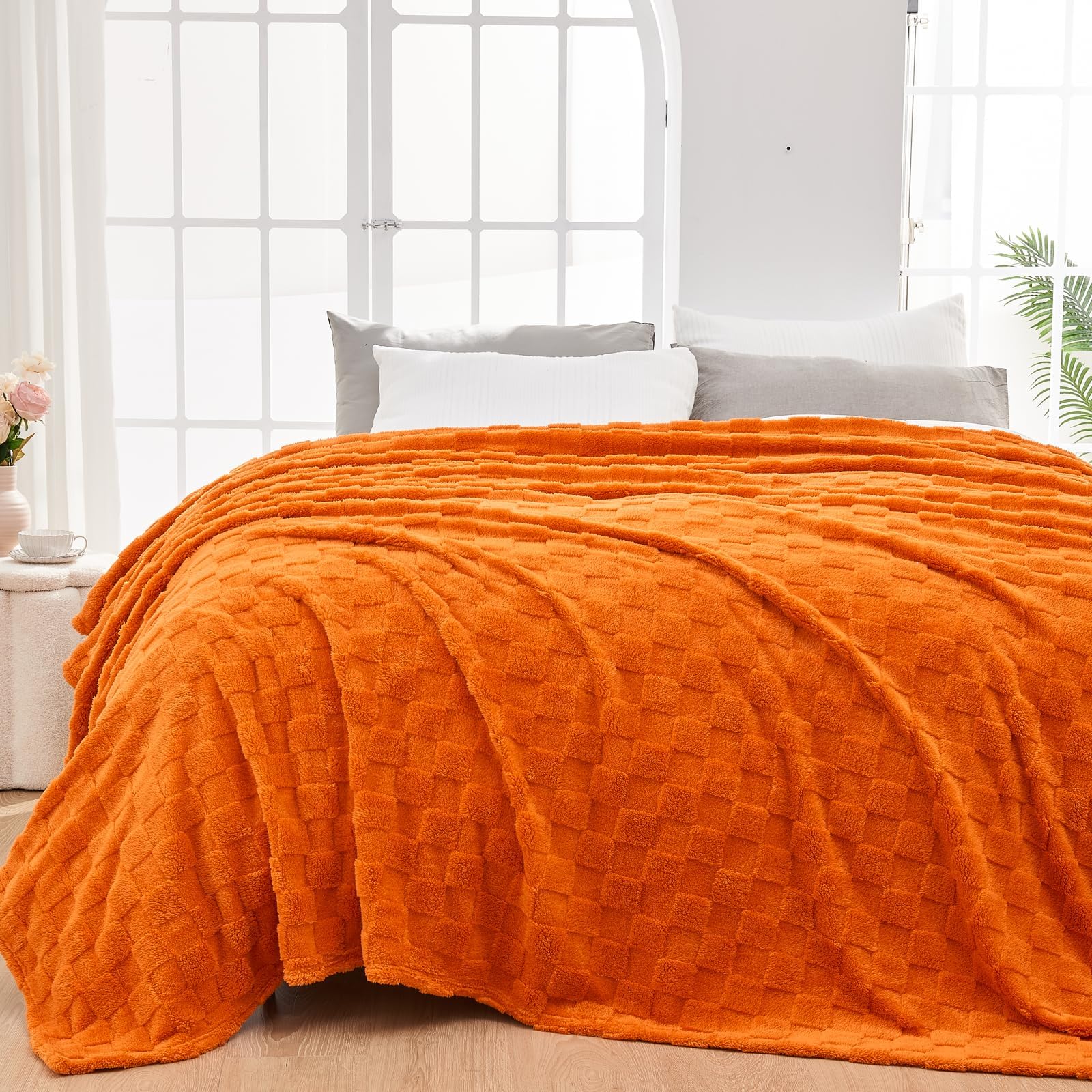 Newcosplay Super Soft Queen Blanket Orange Premium Silky Flannel Fleece 3D Checkered Lightweight Bed Blanket All Season Use (Ora