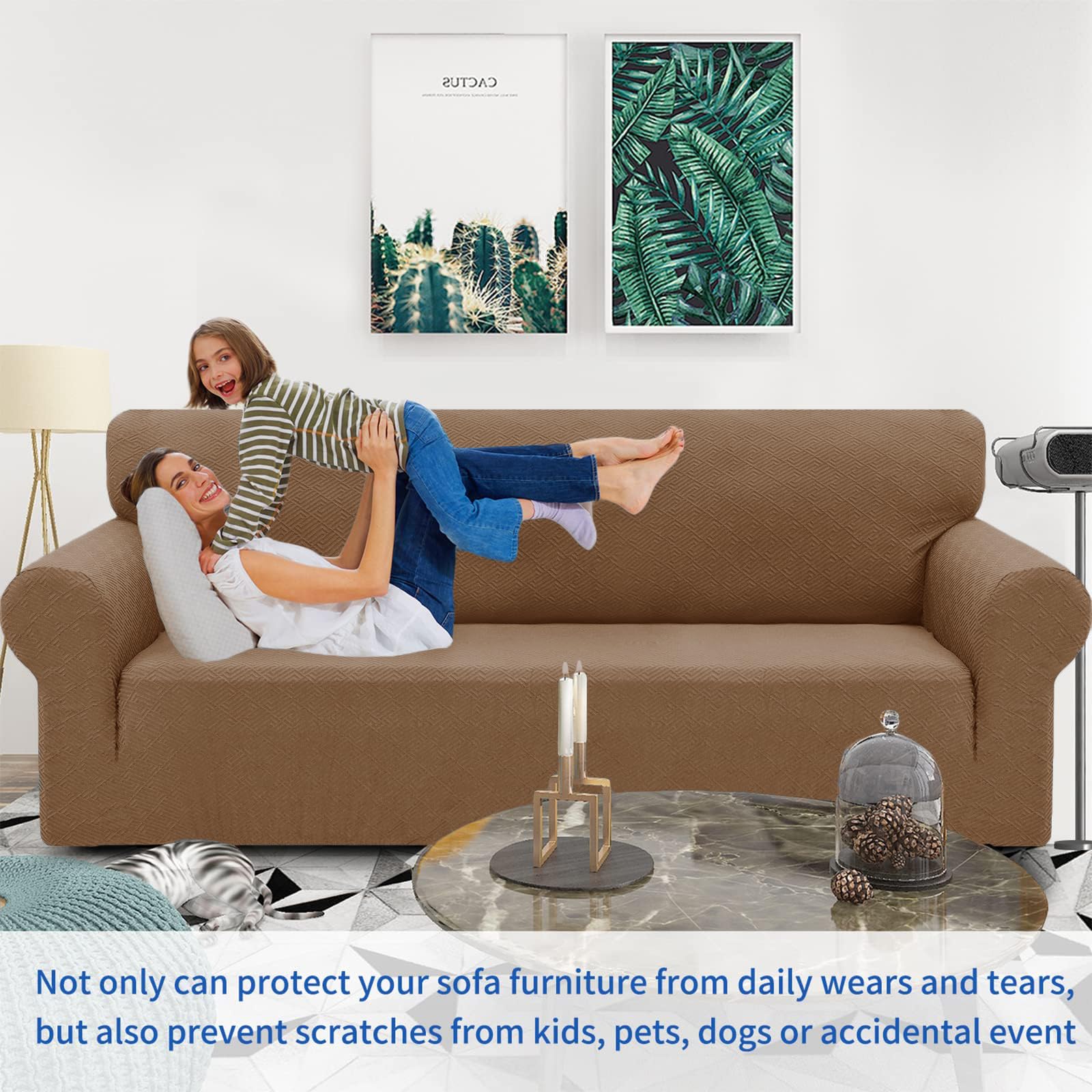 Znsayotx 1 Piece Jacquard Couch Covers For 3 Cushion Couch High Stretch Sofa Cover For Pets Dogs Anti Slip Extra Large Sofa Slipcovers Furniture Protector (X-Large,New Pattern Light Coffee)