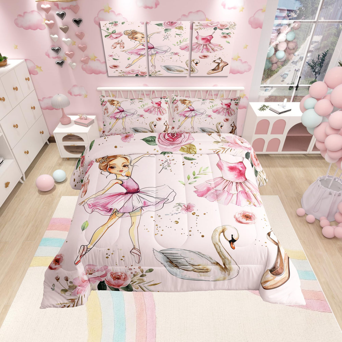 Manfei Ballet Dance Girl Pink Twin Size Comforter Set,Fantasy Dancing Dress Shoes Duvet Set Soft Bed Collection,Dreamy Swan Wate