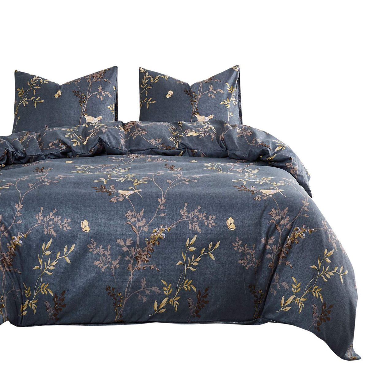 Wake In Cloud - Gray Comforter Set, Birds Floral Flowers Leaves Pattern Printed On Dark Grey, Soft Microfiber Bedding (3Pcs, Que