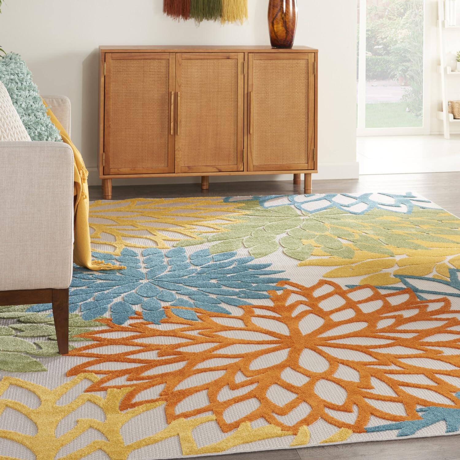 Nourison Aloha Indoor/Outdoor Floral Turquoise Multicolor 7'10' X 10'6' Area Rug, (8' X 11')