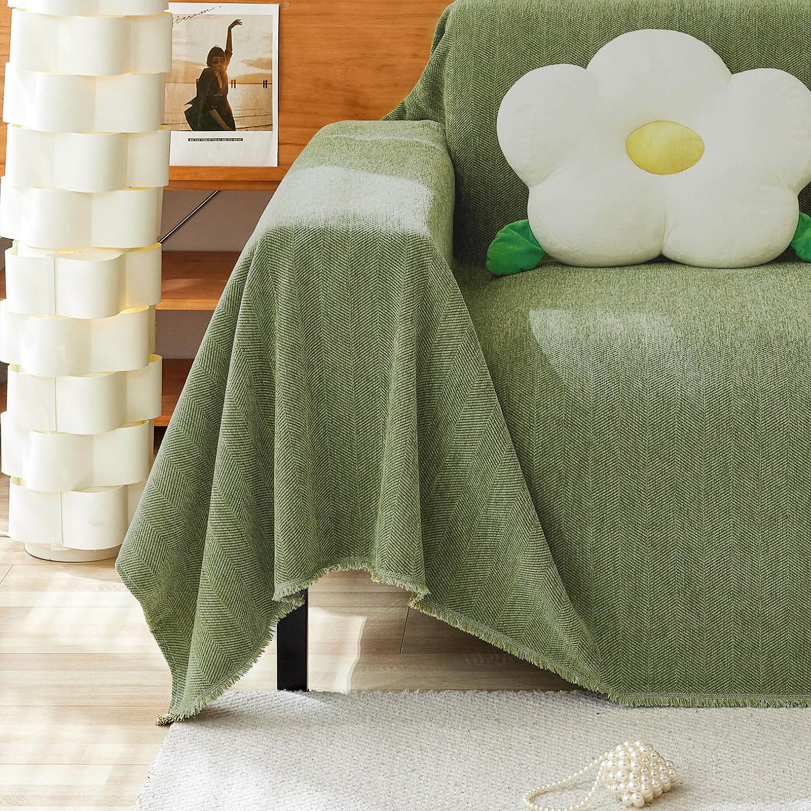Handontime Green Sofa Cover Vintage Couch Cover For Dogs 91' X134' Couch Cushion Covers With Tassel Herringbone Sofa Cover Boho Sofa Covers For 3 Cushion Couch Chenille Soft Loveseat Sofa Covers