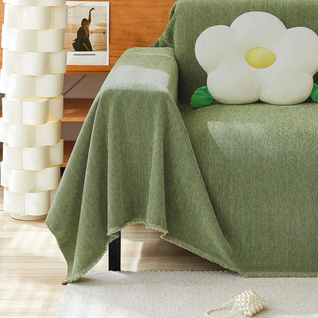 Handontime Green Sofa Cover Vintage Couch Cover For Dogs 91' X118' Couch Cushion Covers With Tassel Herringbone Sofa Cover Boho Sofa Covers For 3 Cushion Couch Chenille Soft Loveseat Sofa Covers