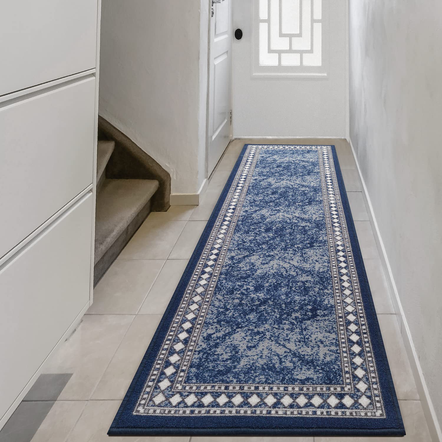 Antep Rugs Alfombras Modern Bordered 2x7 Non-Skid (Non-Slip) Low Profile Pile Rubber Backing Indoor Area Runner Rugs (Navy Blue,