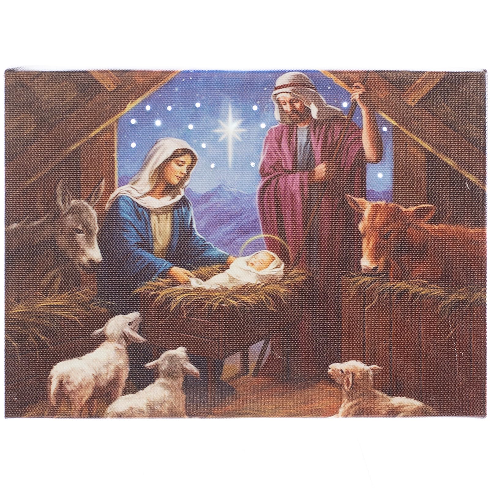 Light Up Nativity Secene Tabletop Canvas Art with Timer, Jesus Birthday Poster with Stand, Birth of Jesus Small Canvas Wall Art