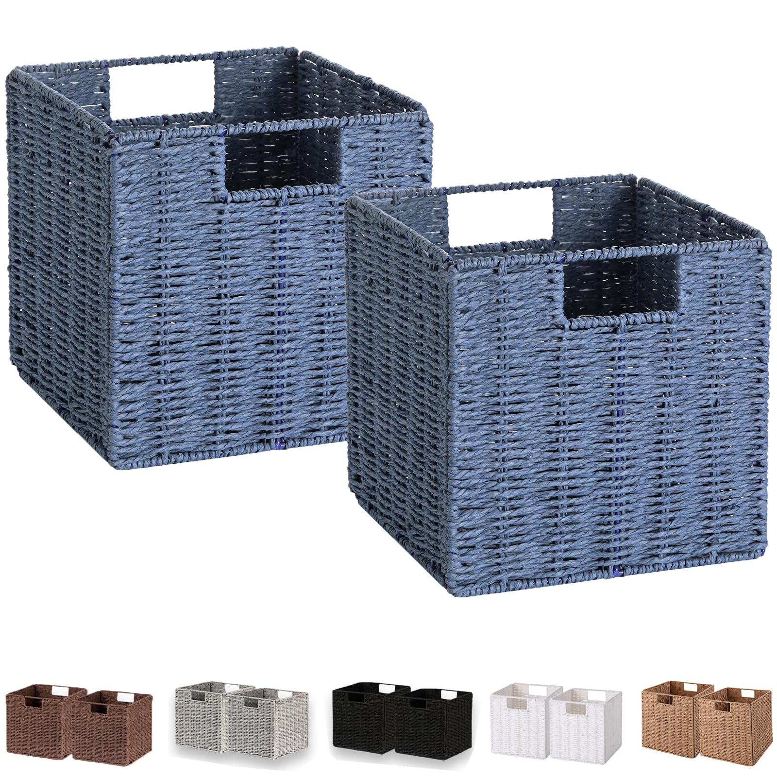 Vagusicc Wicker Storage Basket, Set of 2 Handwoven Paper Rope Collapsible Woven Baskets, 9 x 9 x 9 Cube Storage Bins with 
