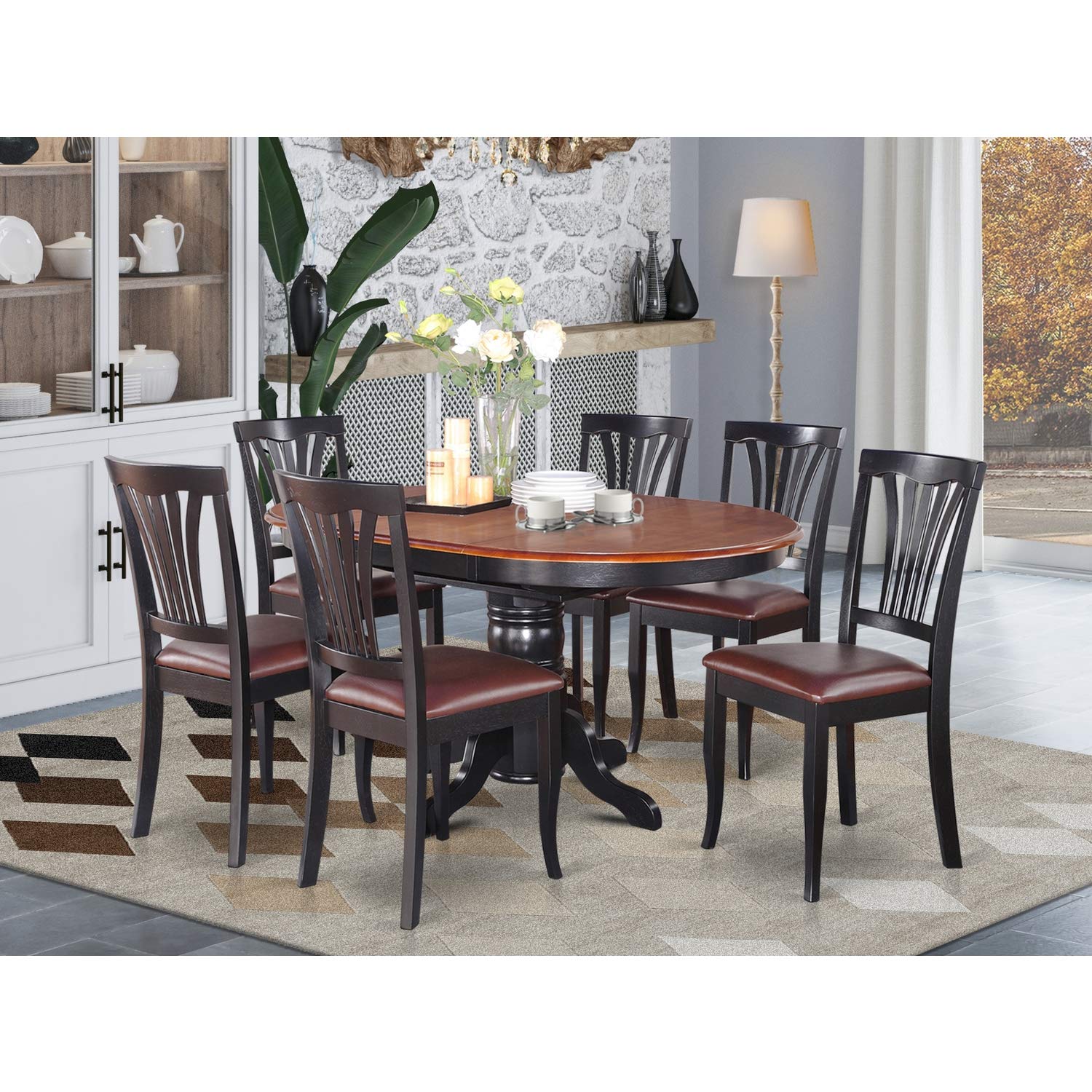 East West Furniture Avon7-Blk-Lc 7 Pc Dining Room Set-Oval Table With Leaf And 6 Dining Chairs