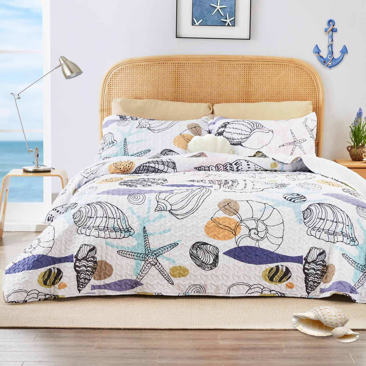 Love'S Cabin King Size Quilt Coastal Bedding Set Conch White Bedspreads - Summer Beach Nautical Quilt Lightweight Bedspread- Rev