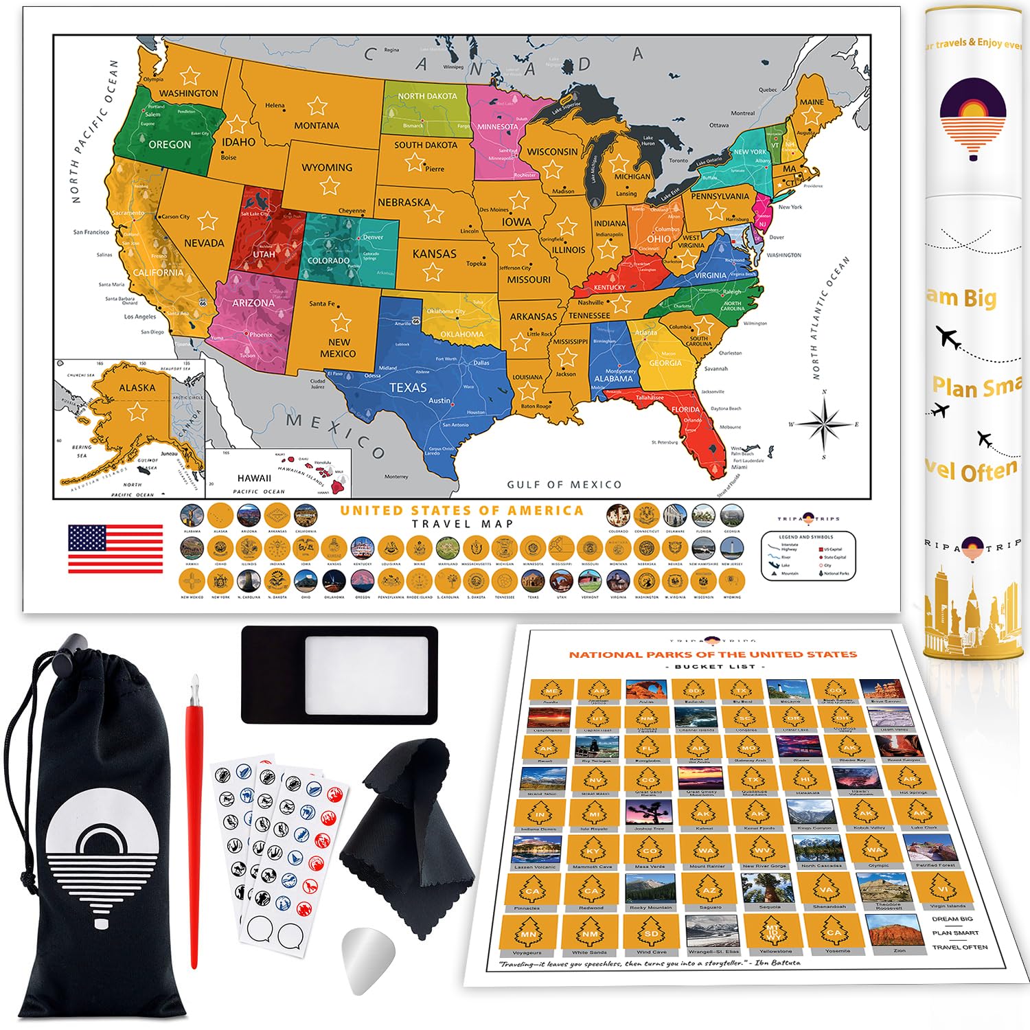 TRIPA TRIPS White Scratch off Map of United States & All 63 US National Parks Poster - Easy-to-Scratch 50 Landmarks & Flags - 24