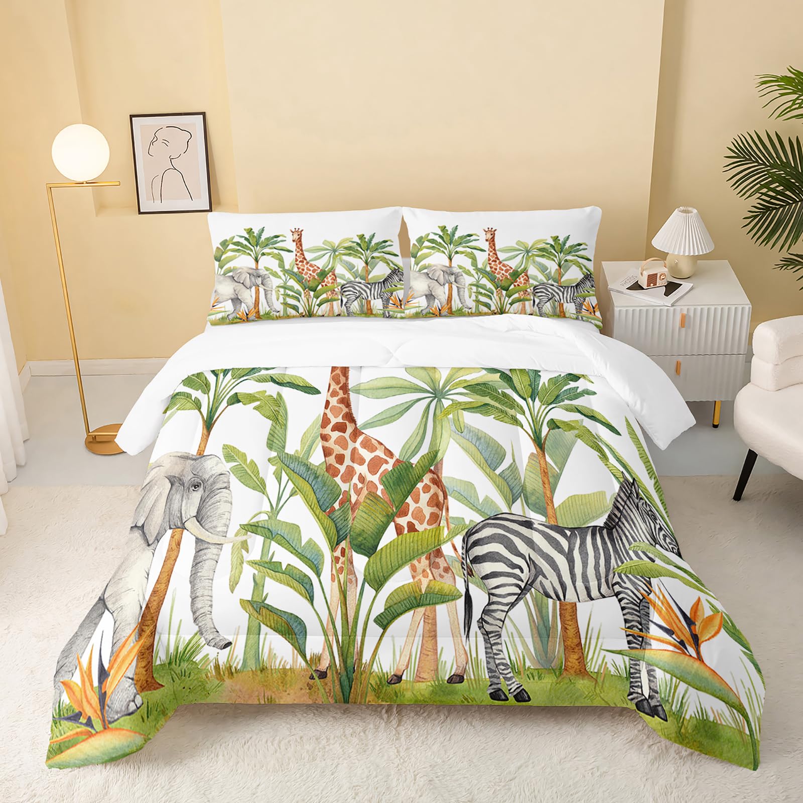 Qoomo Wild Animal Comforter Queen Size,Elephant Giraffe Zebra Kids Comforter Set,3Pcs Bedding Set Printed Comforter With 2 Pillo
