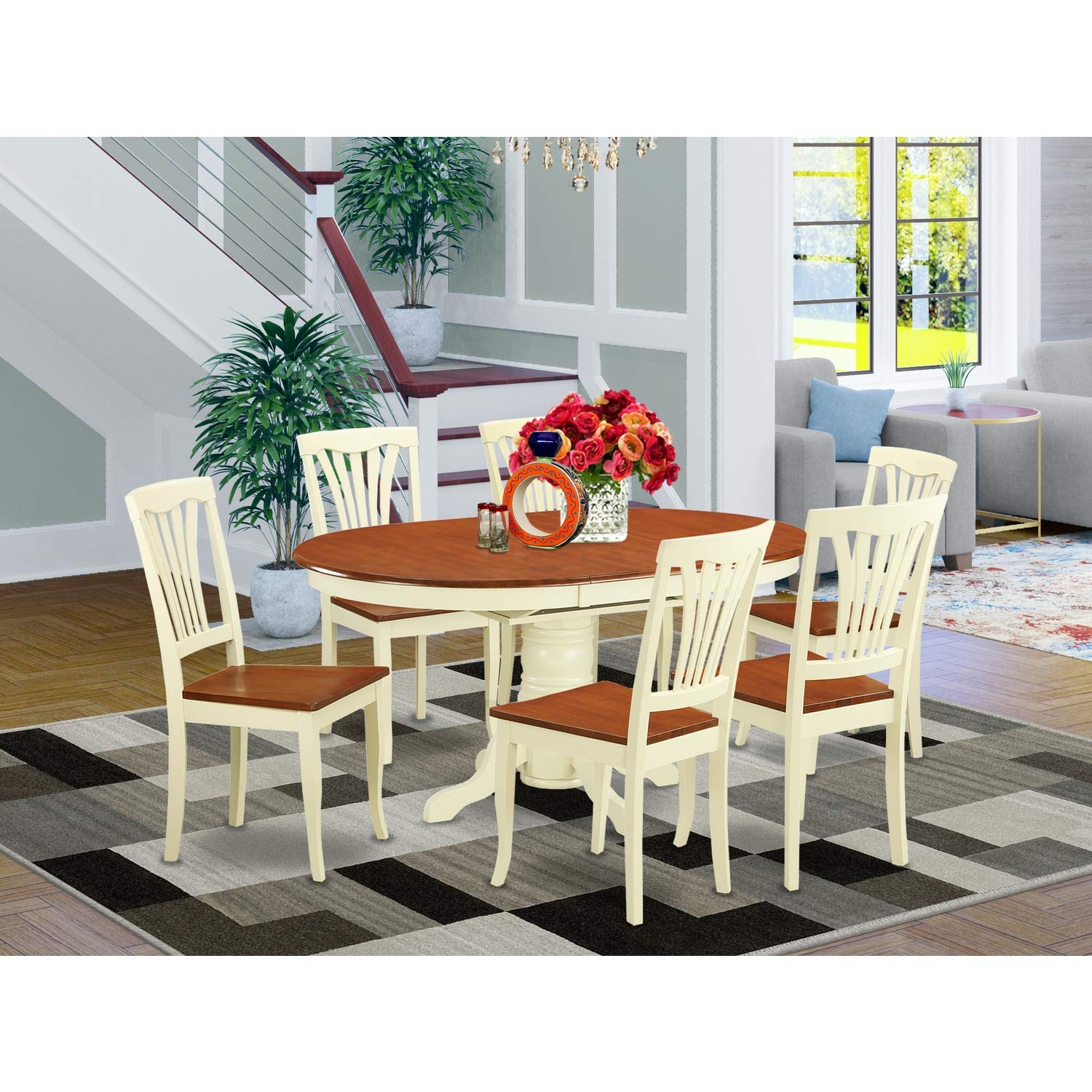 East West Furniture AVON7-WHI-W 7 Piece Dining Set Consist of an Oval Dining Table with Butterfly Leaf and 6 Kitchen Chairs, 42x60 Inch, Buttermilk & Cherry