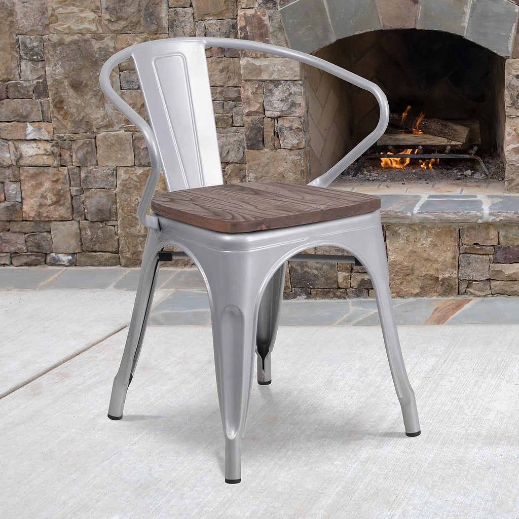 Flash Furniture Silver Metal Chair With Wood Seat And Arms