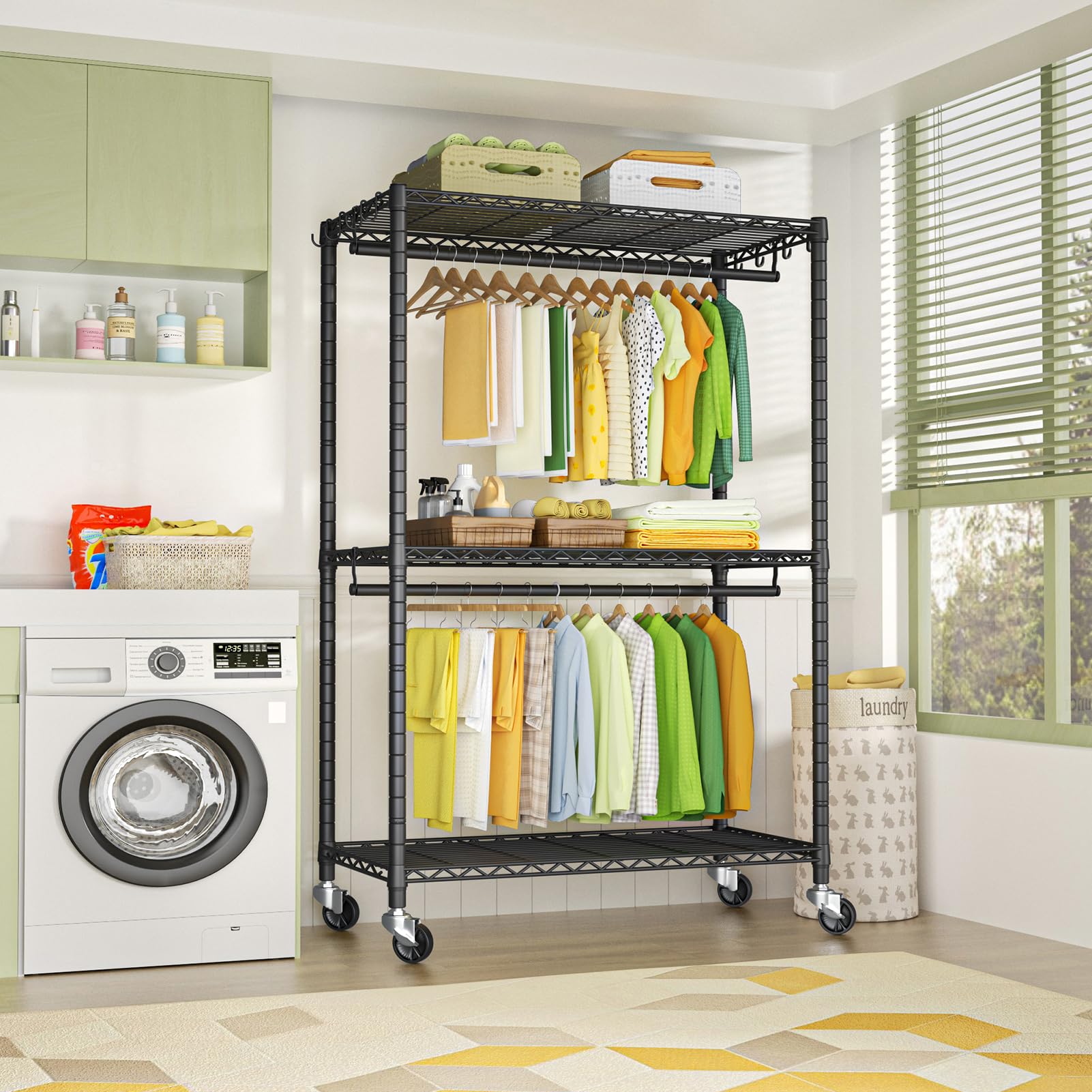 Futassi P3 Plus Rolling Clothes Rack, Clothing Racks For Hanging Clothes, Heavy Duty Garment Rack With Wheels, Freestanding Port