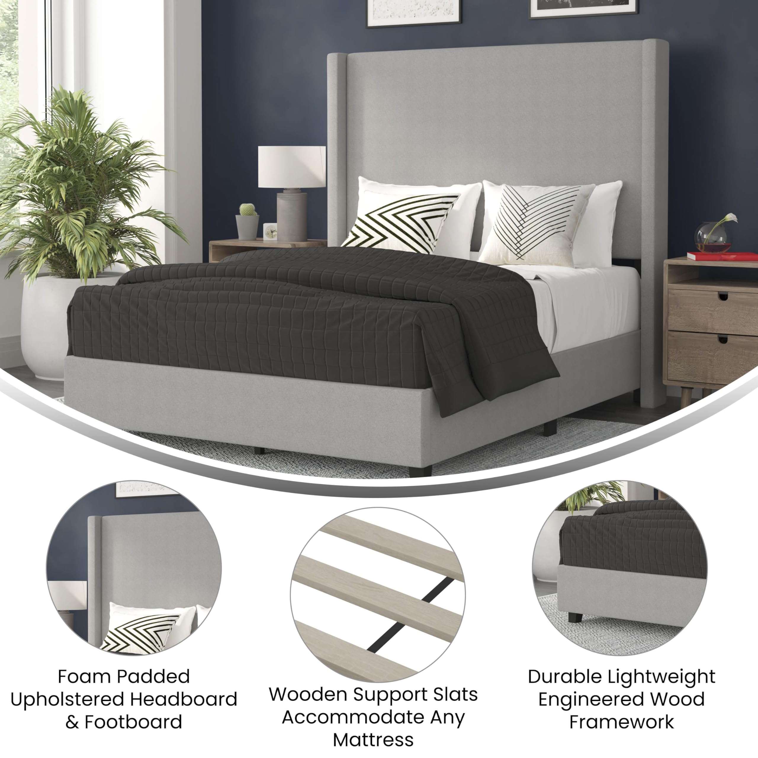 Flash Furniture Quinn Upholstered Platform Bed - Gray Channel Stitched Wingback Headboard - Full - Mattress Foundation with Slatted Supports - No Box Spring Needed