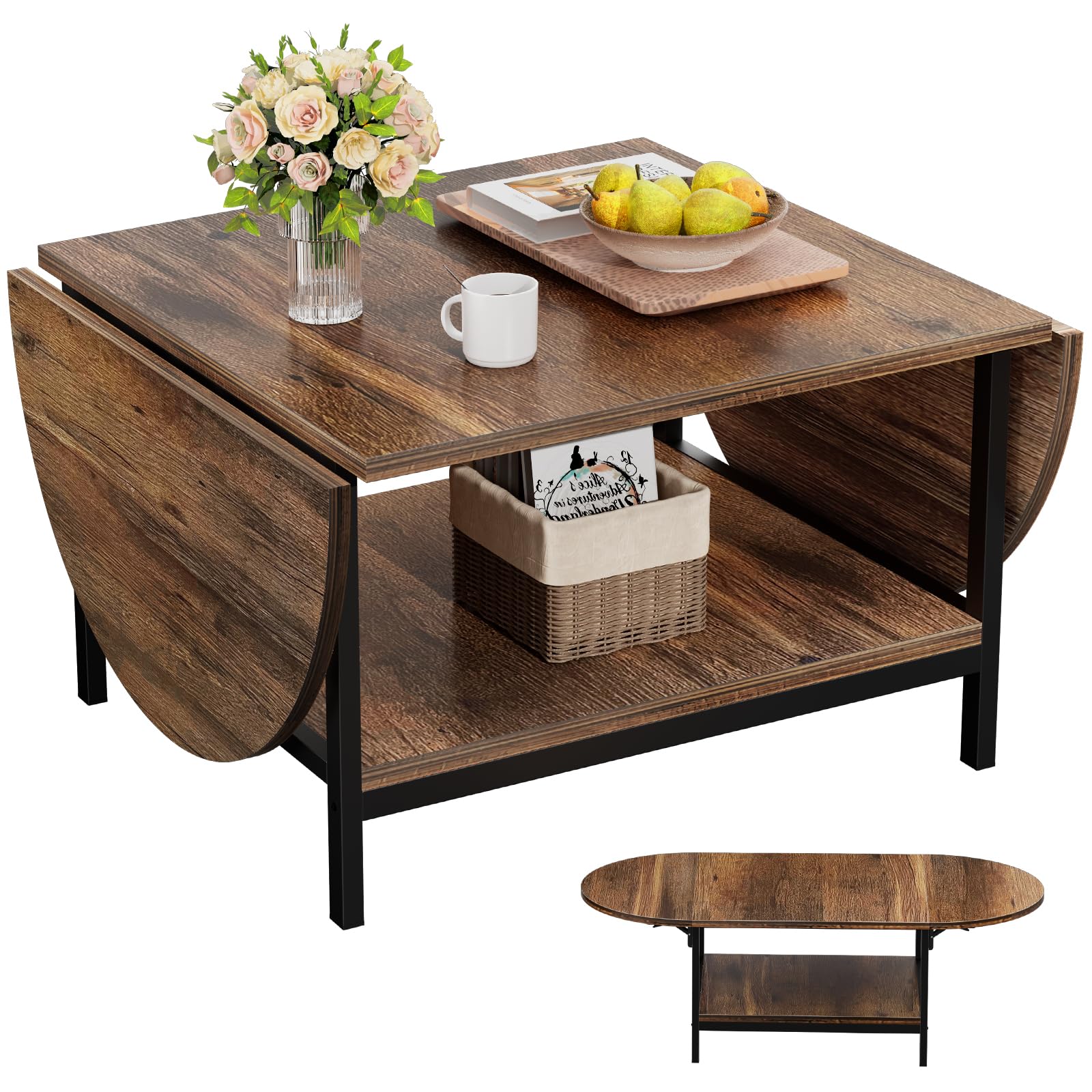 SAYGOER Coffee Table 2-Tier Small Folding Coffee Tables with Storage for Living Room Mid Century Center Table Vintage Extended T