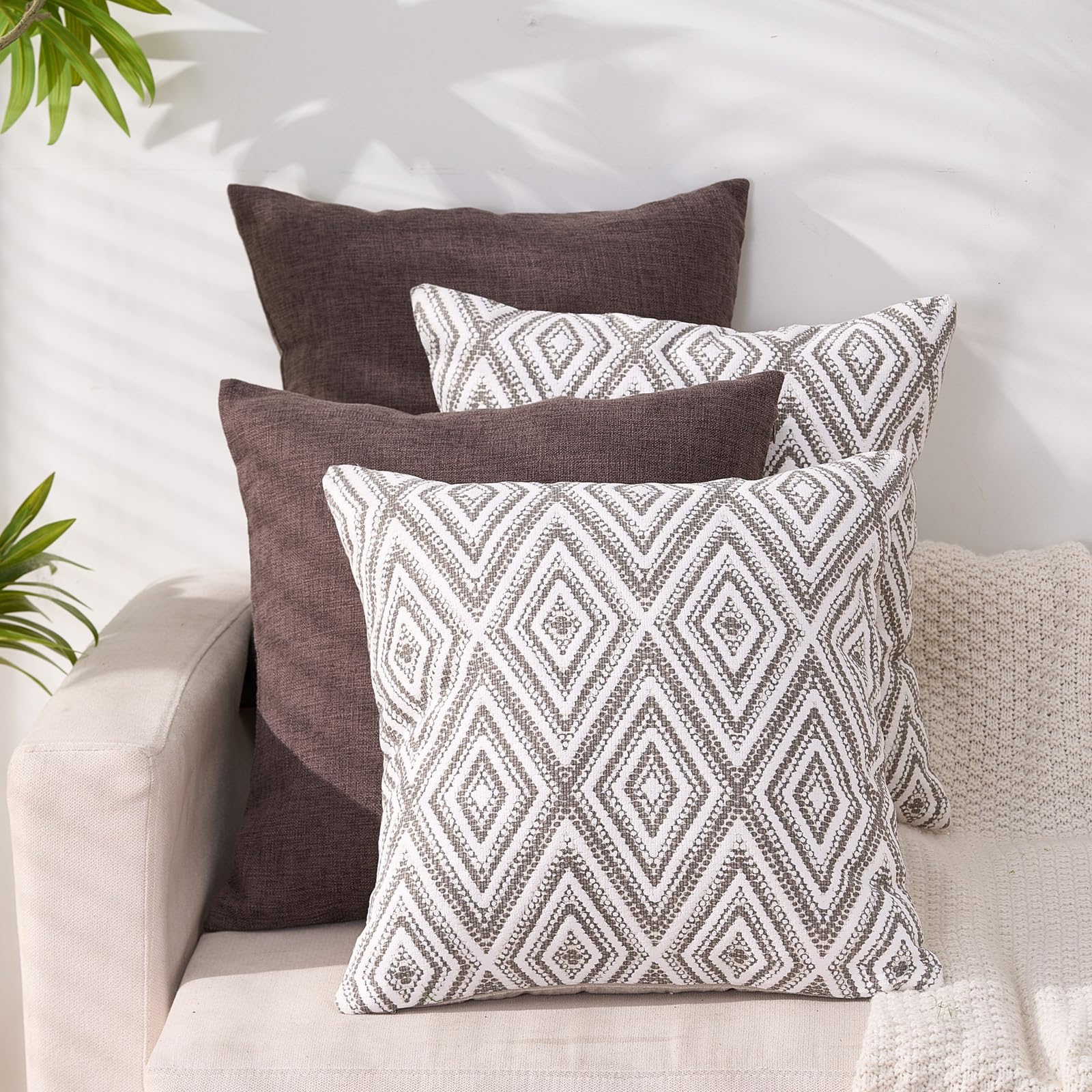 Hpuk Decorative Throw Pillow Covers Set Of 4 Dark Gray Geometric Design Linen Cushion Cover For Couch Sofa Living Room, 18'X18', Natural