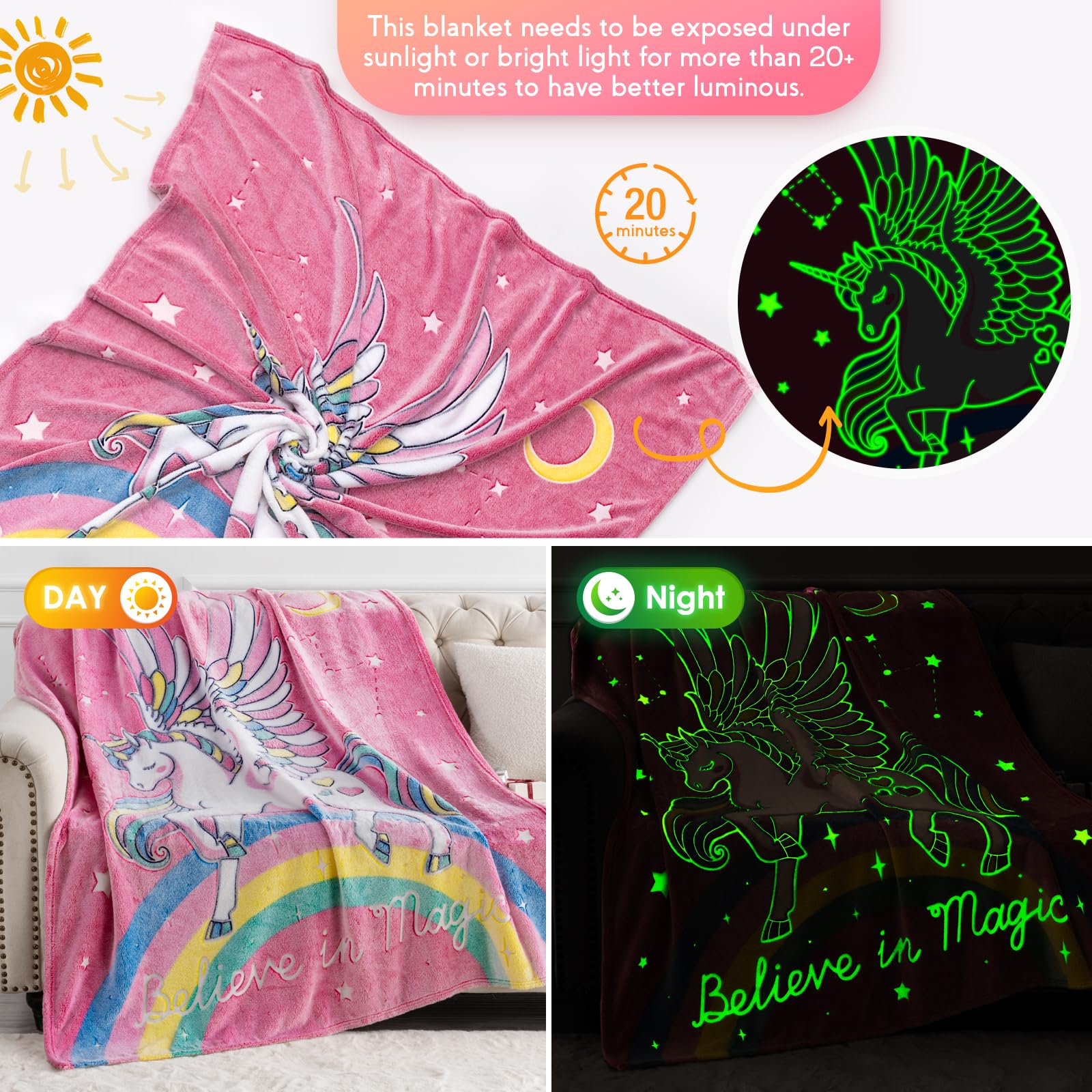 Unicorn Gifts Toys For Kids Girls - Glow In The Dark Blanket Age 1-13 Years Old Birthday Christmas Valentine'S Gift Easter Presents Toddler Teen Daughter Grandkids Rainbow Moon Stars Throw 50'X60'