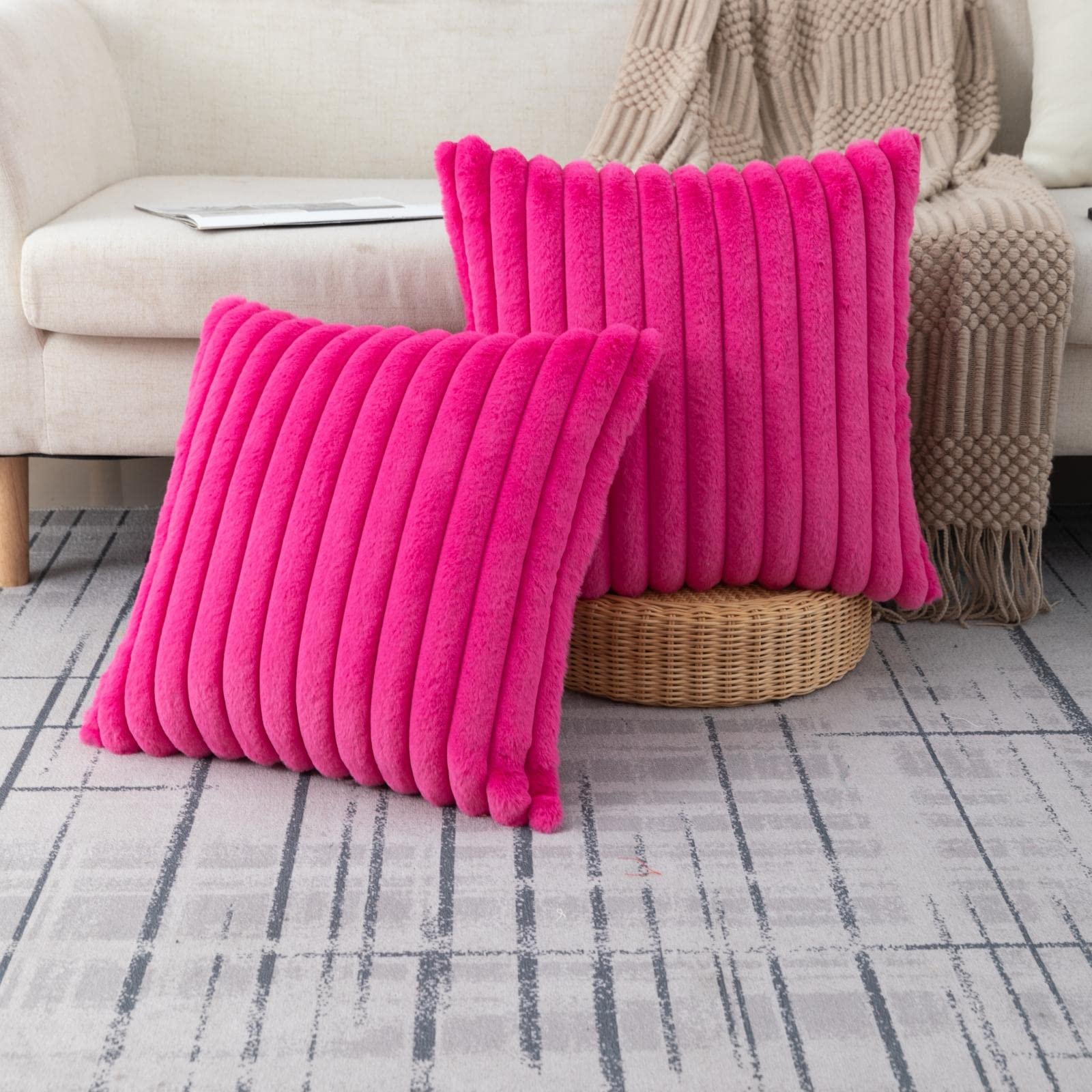 Zlina Set Of 2 Faux Fur Plush Hot Pink Throw Pillow Covers Fluffy Striped Pillowcase Cushion Covers For Sofa Couch Bedroom 18X18