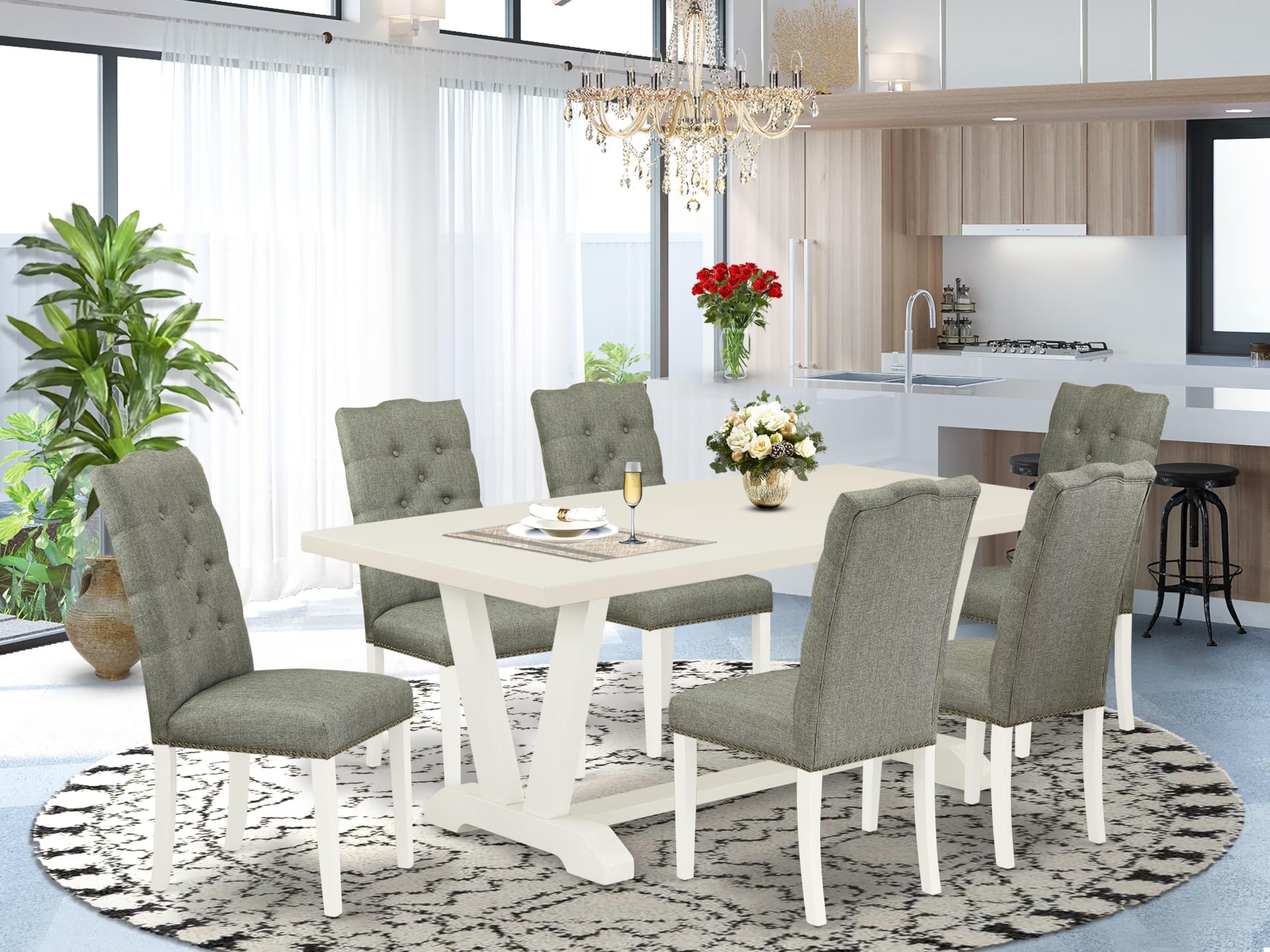 East West Furniture V027El207-7 7 Piece Dining Room Table Set Consist Of A Rectangle Kitchen Table With V-Legs And 6 Gray Linen Fabric Parsons Dining Chairs, 40X72 Inch, Multi-Color