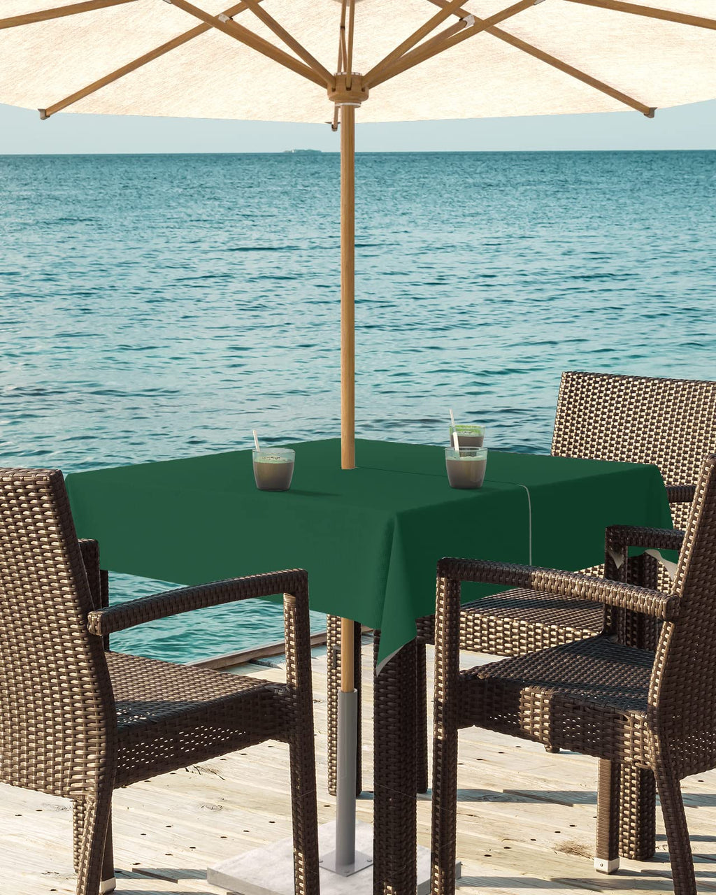 Queenker Sea Green Outdoor Tablecloth With Umbrella Hole And Zipper, Solid Color Table Cover For Square Tables Waterproof Tablet
