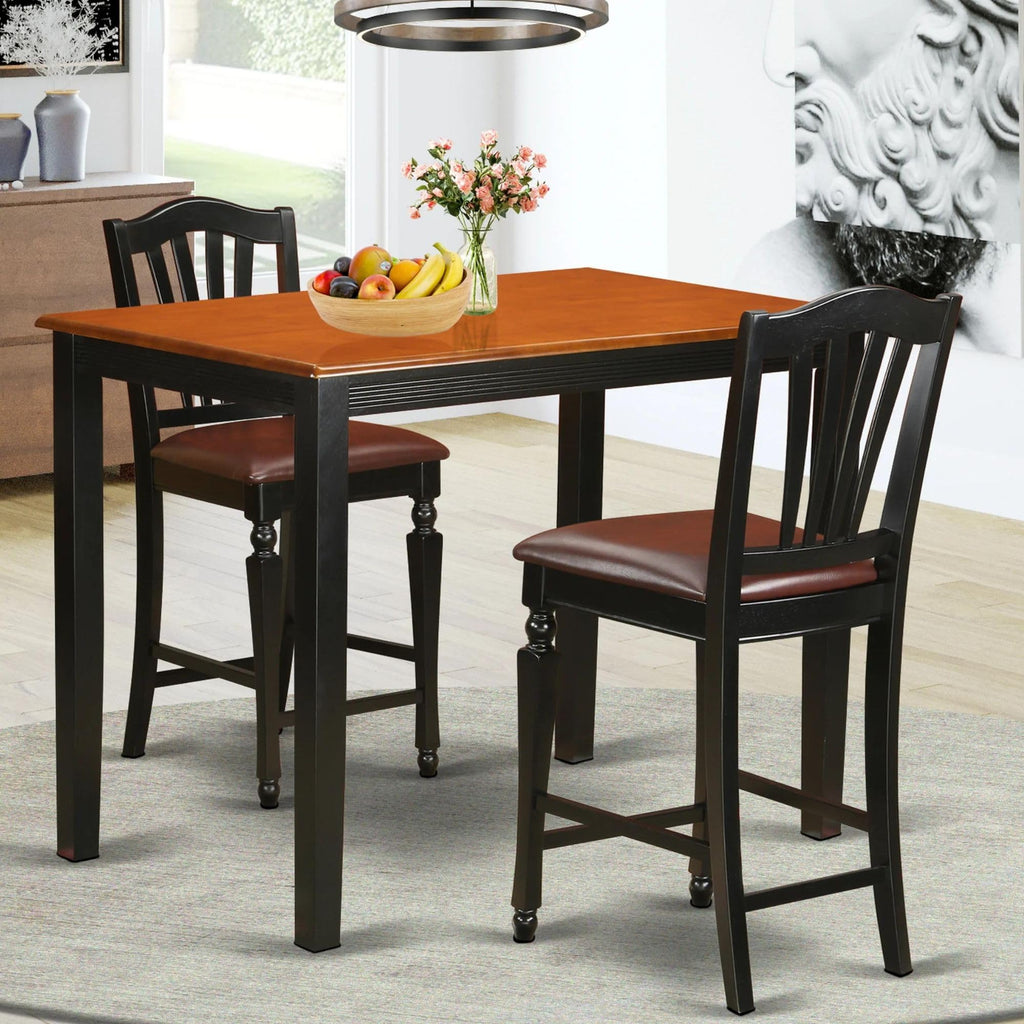 East West Furniture YACH3-BLK-LC 3 Piece Counter Height Pub Set for Small Spaces Contains a Rectangle Kitchen Table and 2 Faux Leather Dining Room Chairs, 30x48 Inch