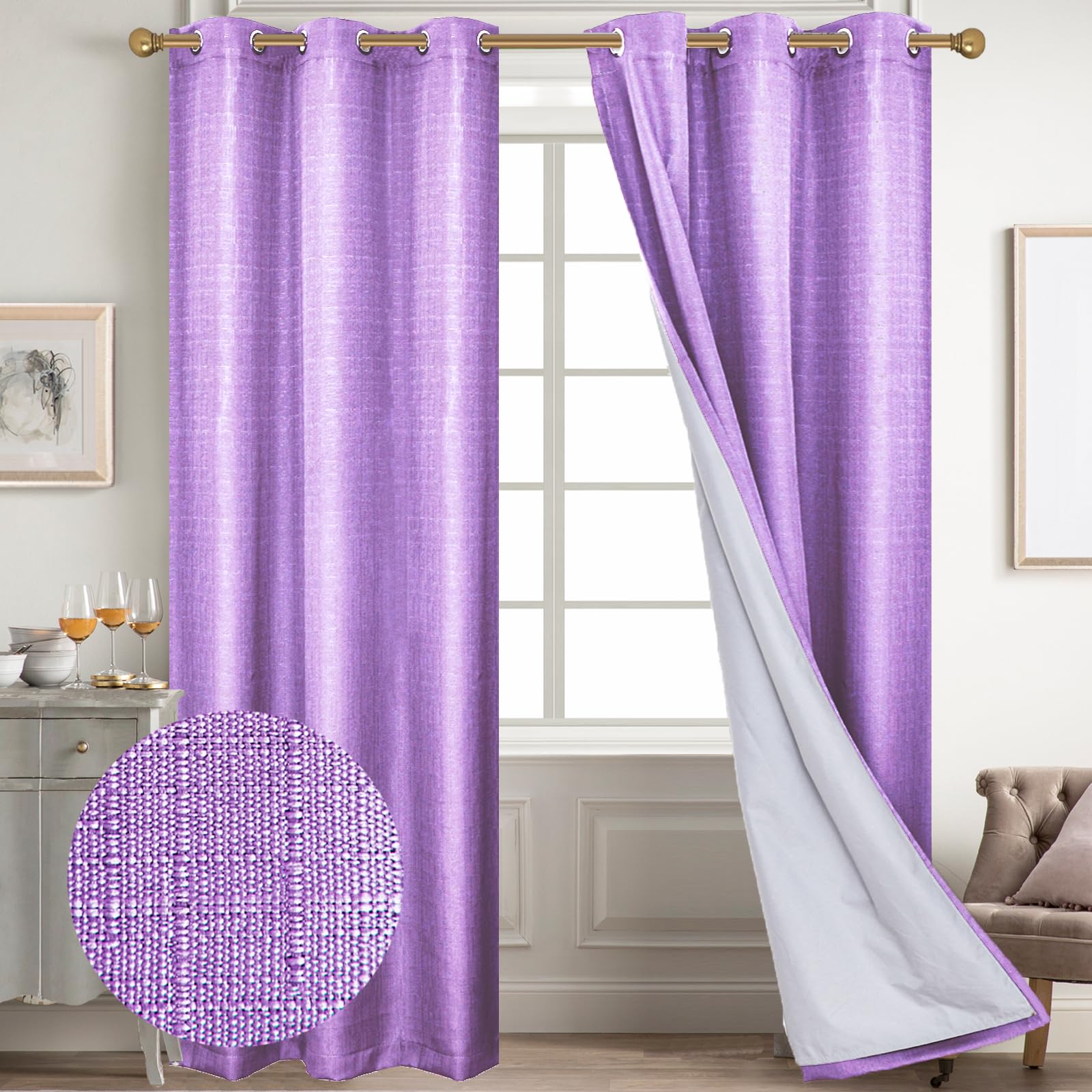 Diraysid 100% Blackout Curtains Lilac Linen Curtains For Bedroom Grommet Thermal Insulated Room Darkening Drapes (2 Panels, W42