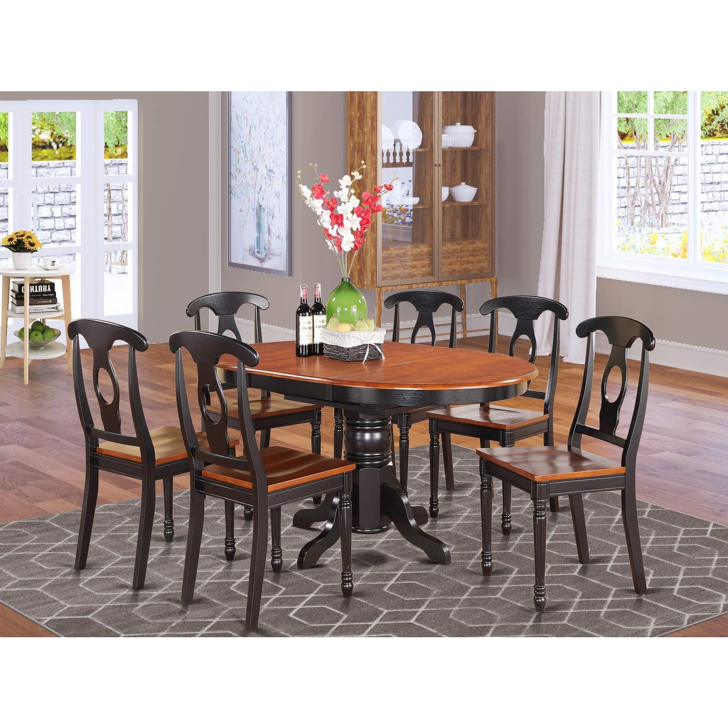 East West Furniture KENL7-BLK-W 7 Piece Modern Dining Table Set Consist of an Oval Wooden Table with Butterfly Leaf and 6 Kitchen Dining Chairs, 42x60 Inch, Black & Cherry