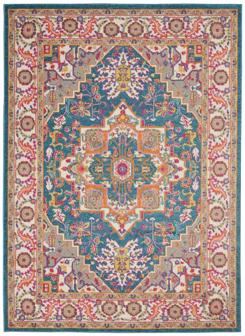 HomeRoots Teal Multicolor 100% Polypropylene 4’ x 6’ Teal and Pink Medallion Area Rug