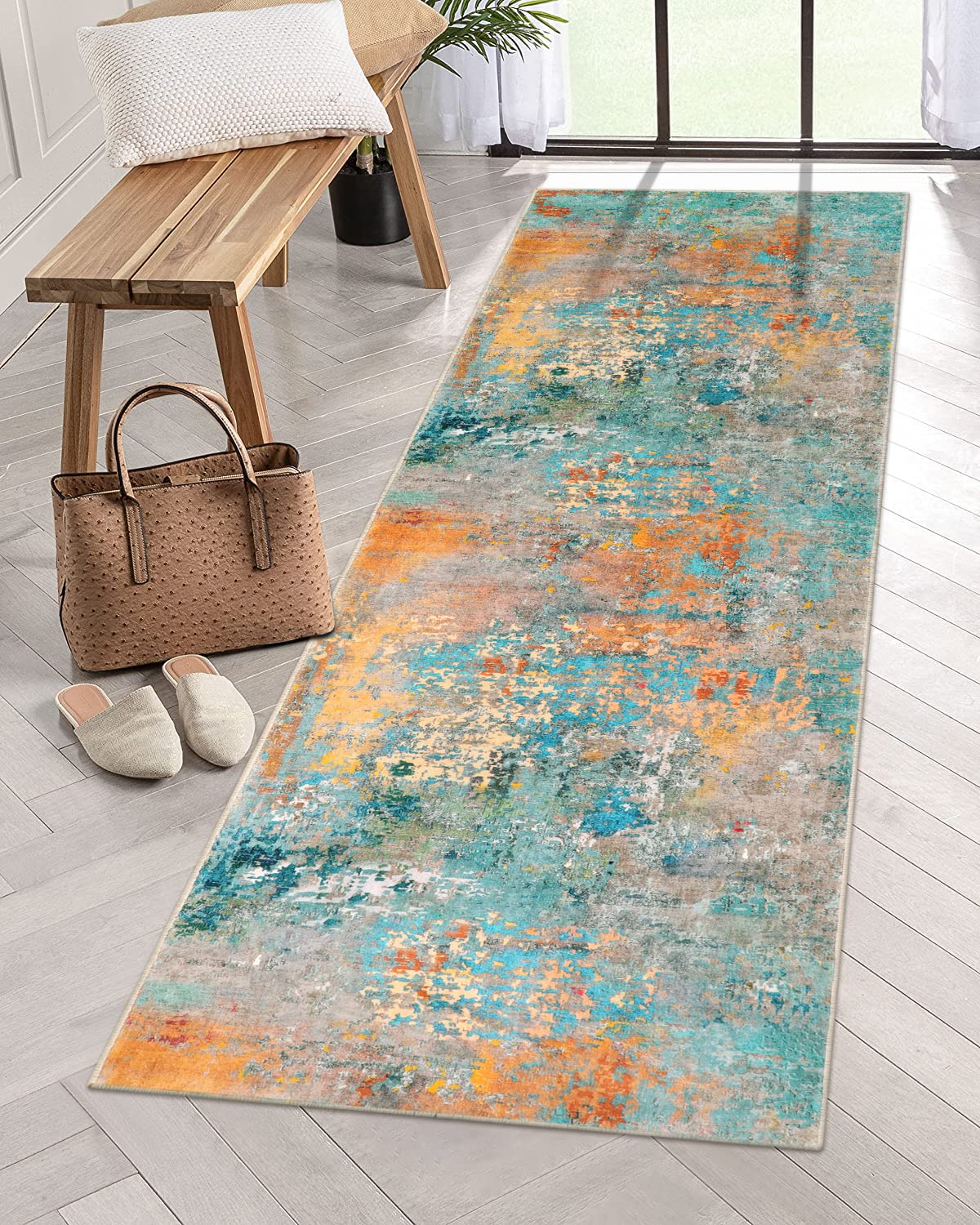 Lahome Modern Abstract Runner Rug - 2x7 Washable Hallway Rug Colorful Kitchen Carpet with Rubber Backing, Contemporary Soft Non 