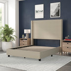 Flash Furniture Quinn Upholstered Platform Bed - Beige Channel Stitched Wingback Headboard - Full - Mattress Foundation with Slatted Supports - No Box Spring Needed