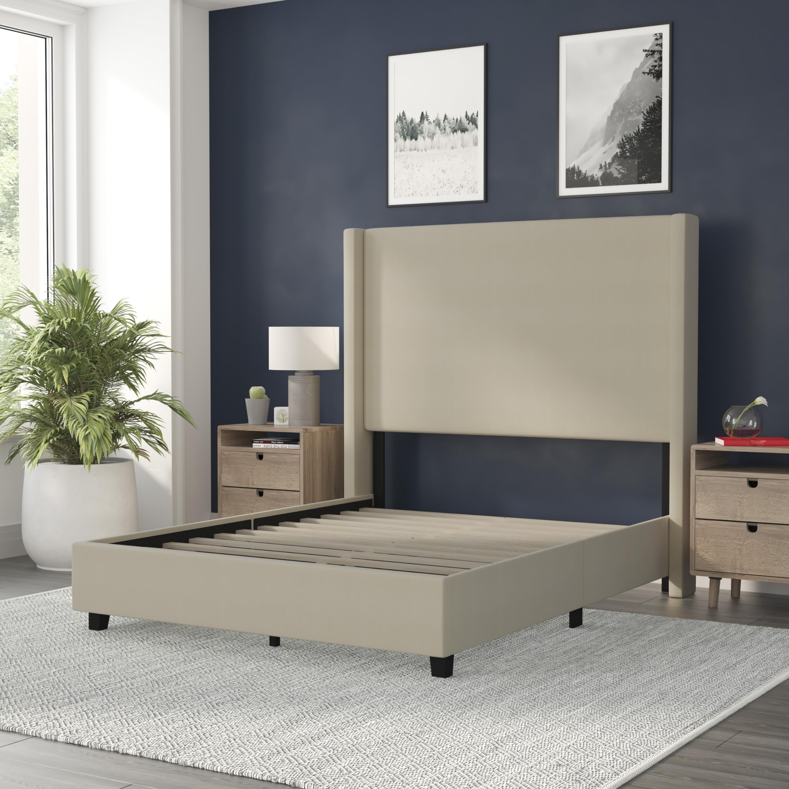 Flash Furniture Quinn Upholstered Platform Bed - Beige Channel Stitched Wingback Headboard - Full - Mattress Foundation with Slatted Supports - No Box Spring Needed