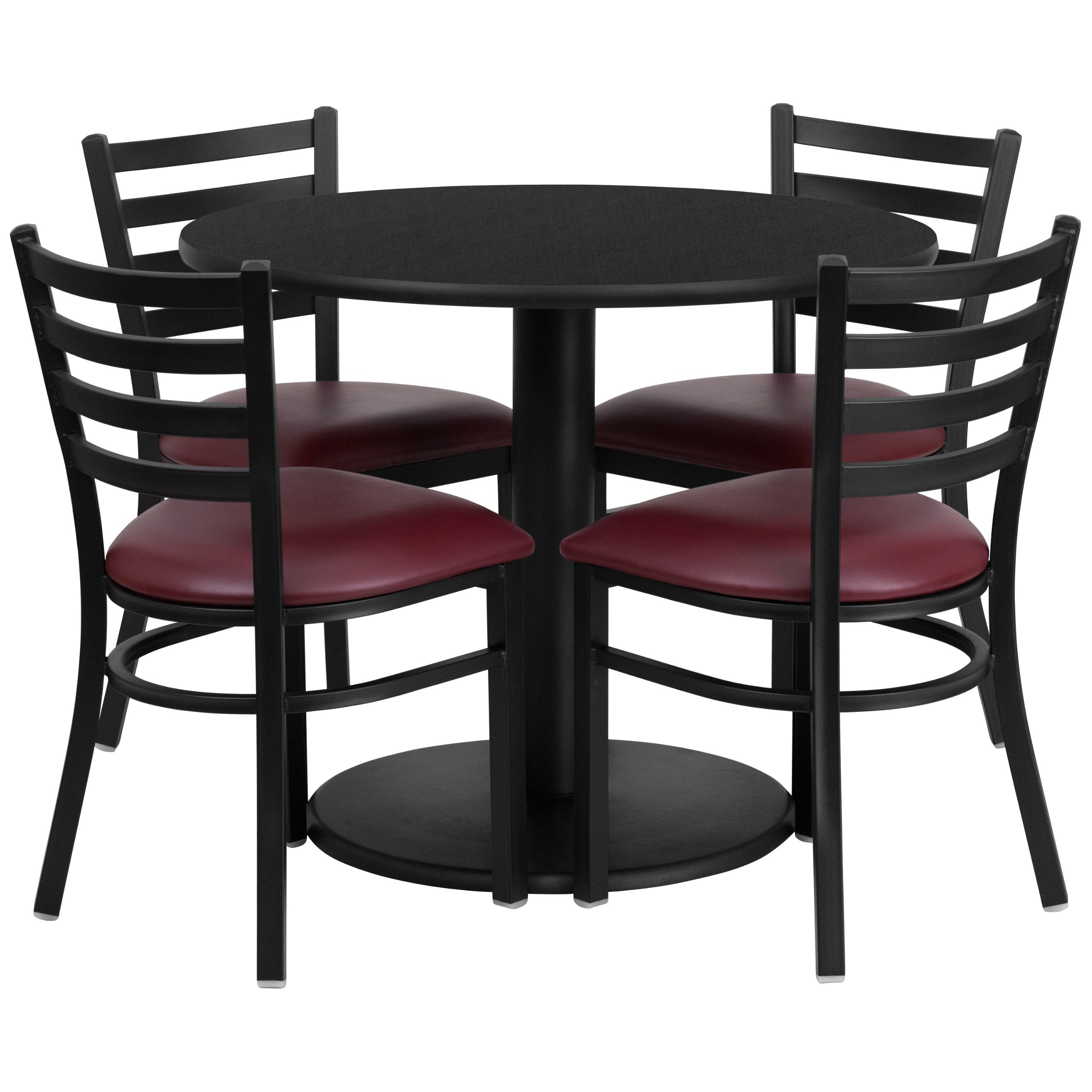 Flash Furniture 36'' Round Black Laminate Table Set With Round Base And 4 Ladder Back Metal Chairs - Burgundy Vinyl Seat