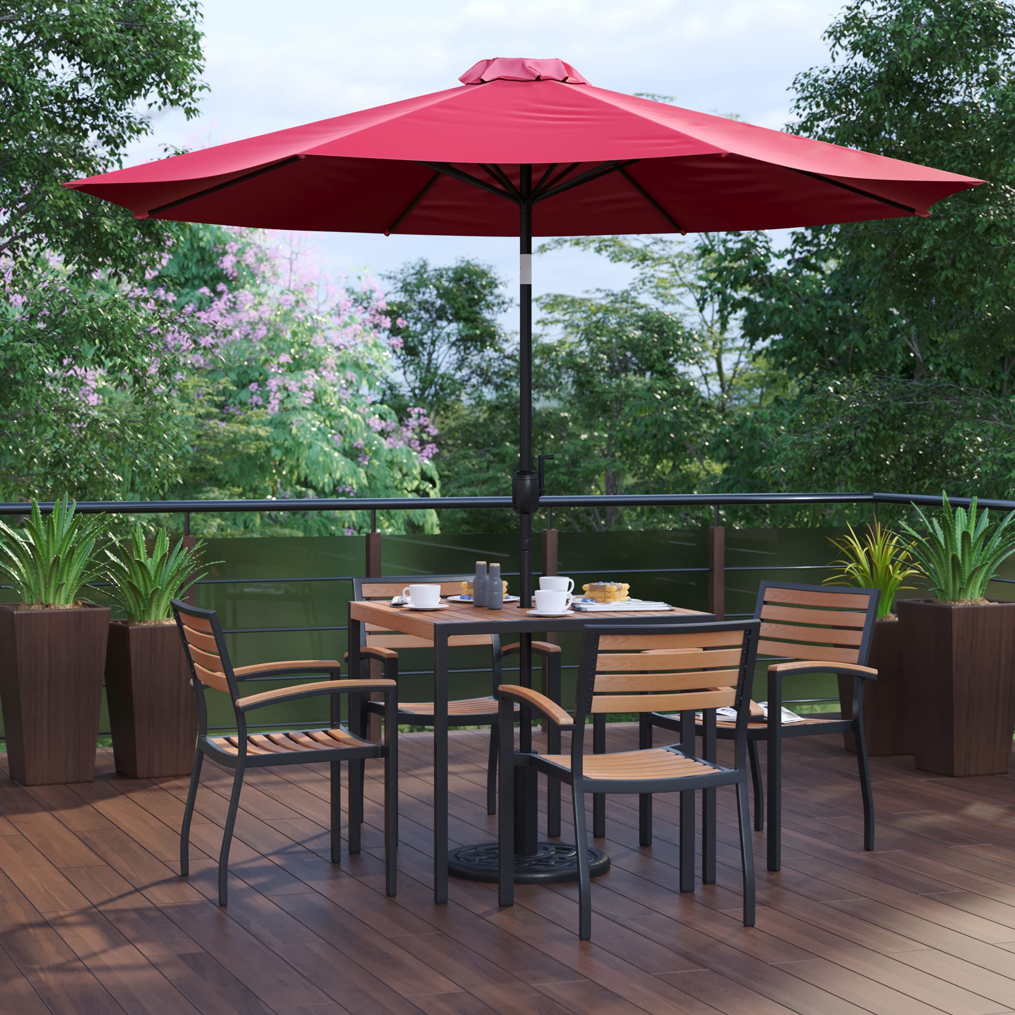 Flash Furniture Lark 7 Piece Outdoor Patio Dining Table Set - 4 Synthetic Teak Stackable Chairs with Arms - 35&quot; Square Table - Red Umbrella with Base