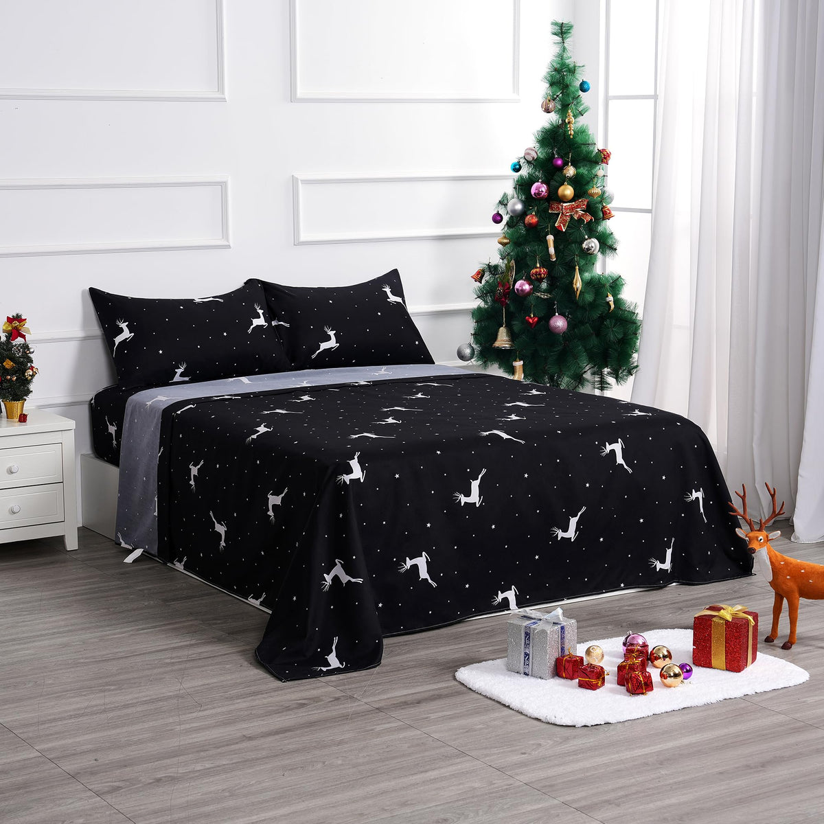 Bed Sheet Set - 4 Piece Full Size - Reindeers/Stars Printed Christmas Decor - Soft Durable Microfiber Bedding Sheet Set,Deep Poc