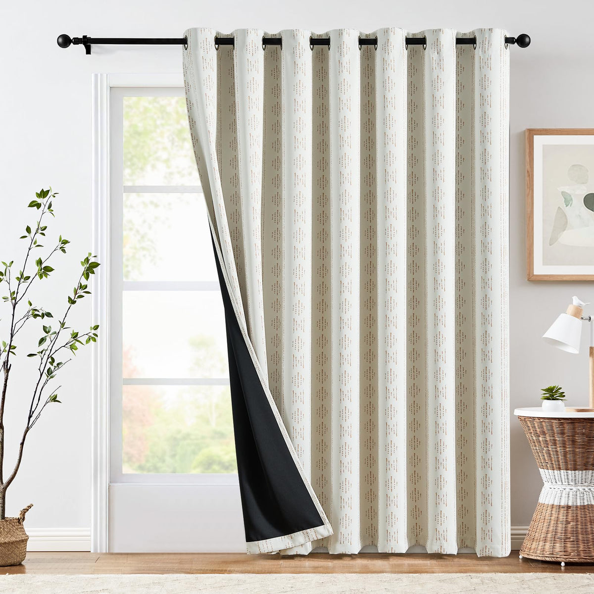 Jinchan 100% Blackout Boho Curtain 84 Inches Long For Bedroom 1 Panel Extra Wide Printed Curtain Beige Geometric Grommet Top The