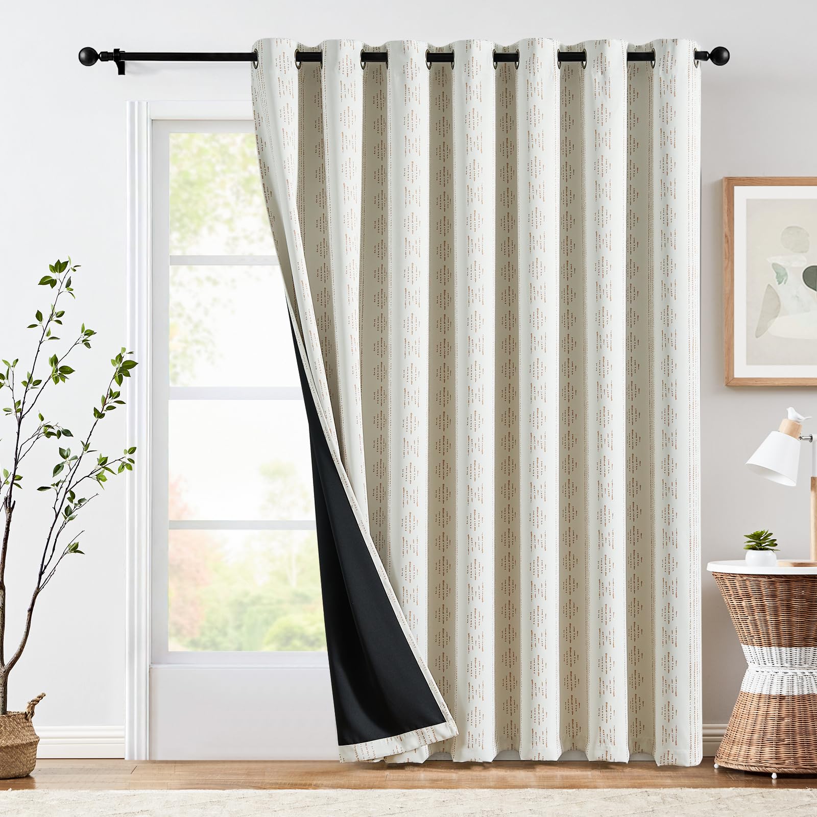 Jinchan 100% Blackout Boho Curtain 84 Inches Long For Bedroom 1 Panel Extra Wide Printed Curtain Beige Geometric Grommet Top The