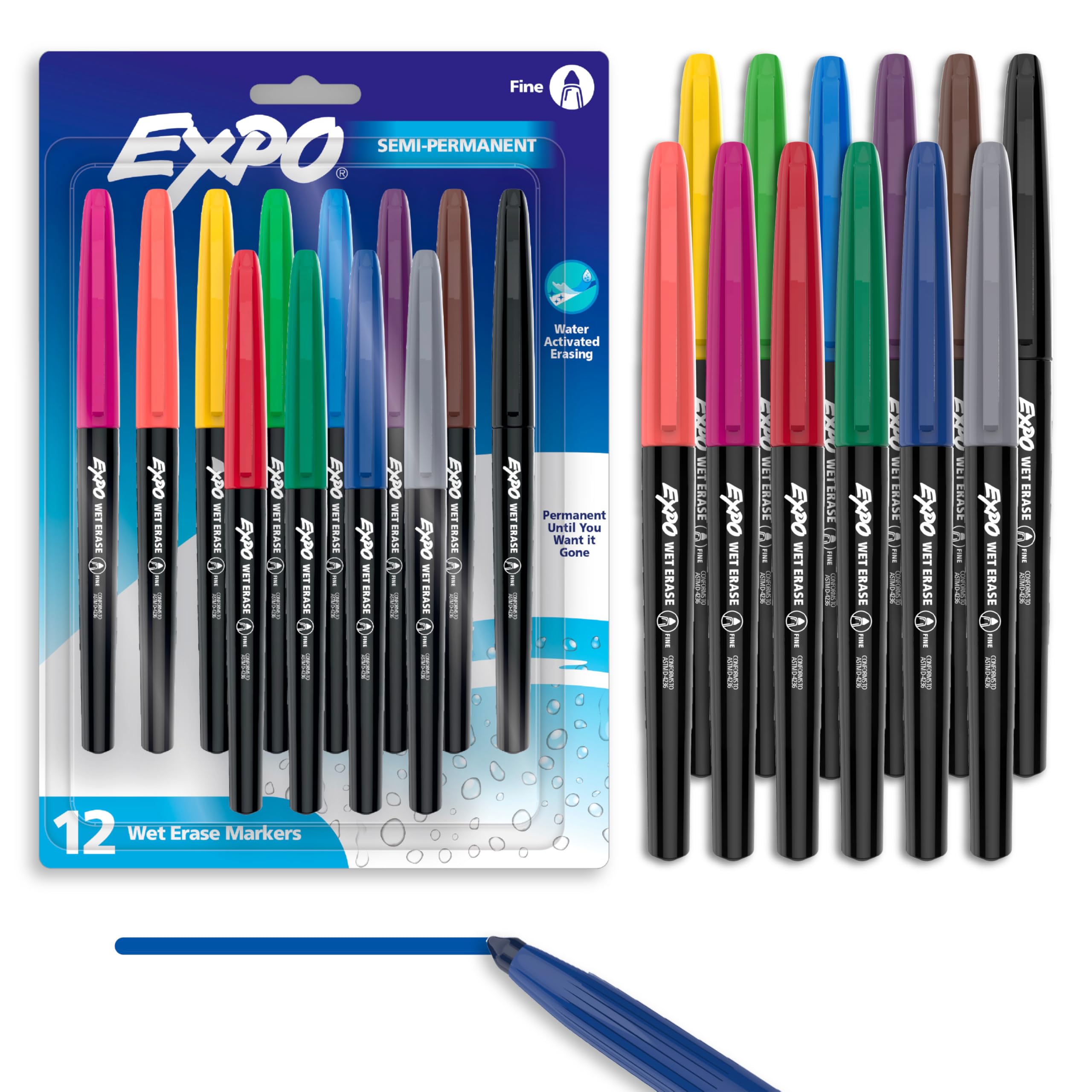 Expo Wet Erase Markers, Semi-Permanent Markers, Assorted, Fine Tip, 12 Count
