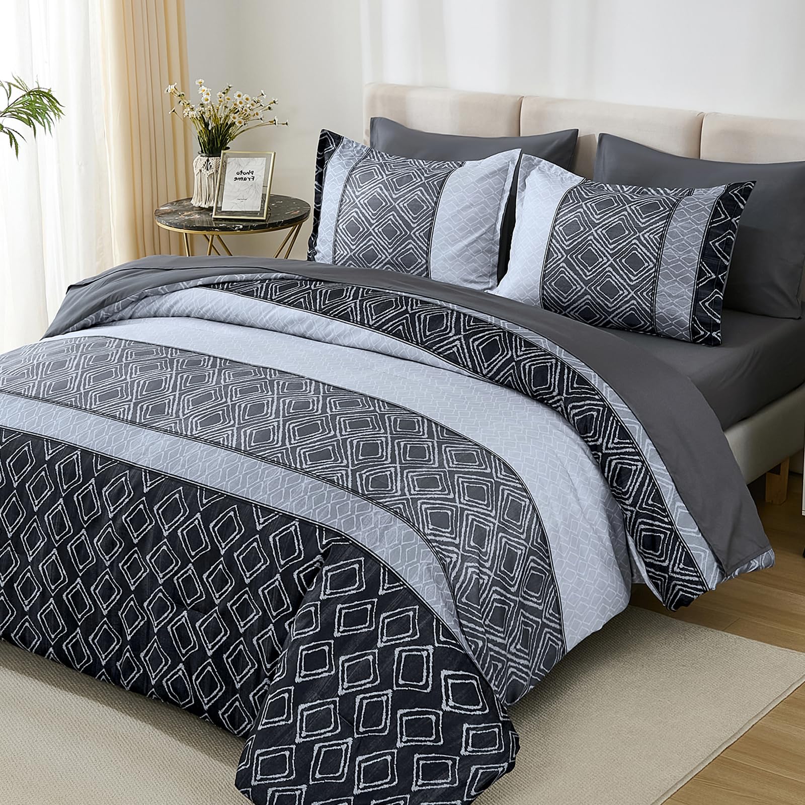 Dinjoy Queen Comforter Set Dark Gray Boho,7 Piece Bed In A Bag Queen Size Striped Black Bedding Sets Plaid Fall Comforters Bed S